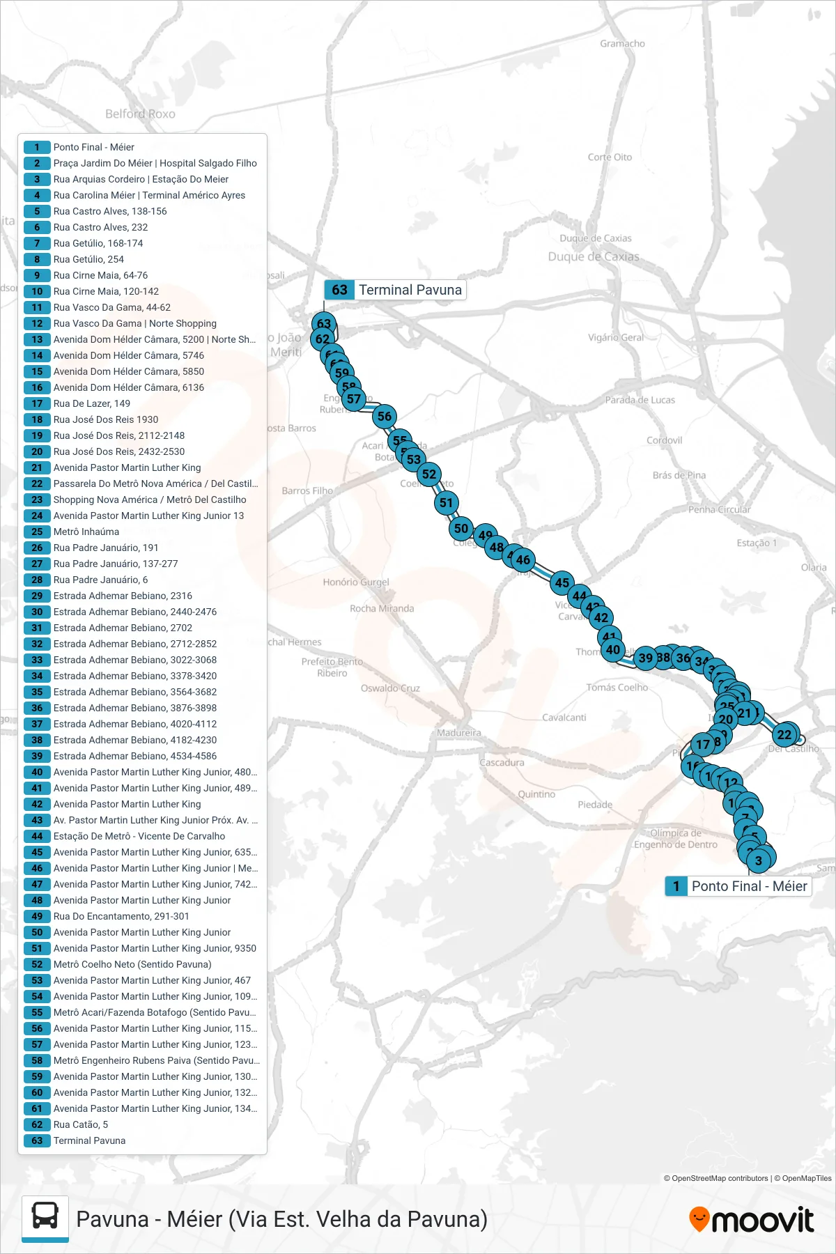 Rota e paradas da linha de ônibus 687 (Pavuna) no mapa