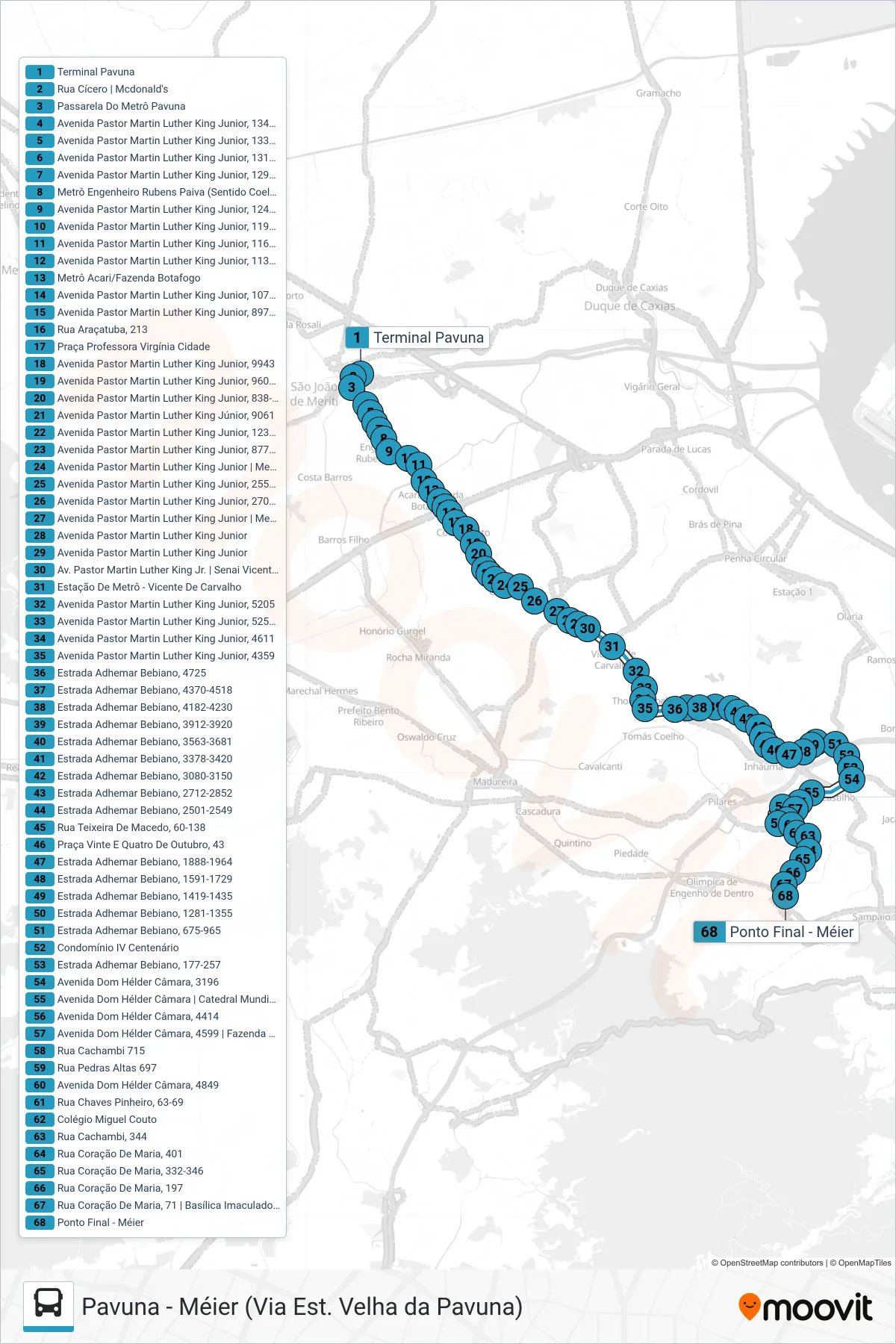 687 bus Line (Méier) route and stops on a map