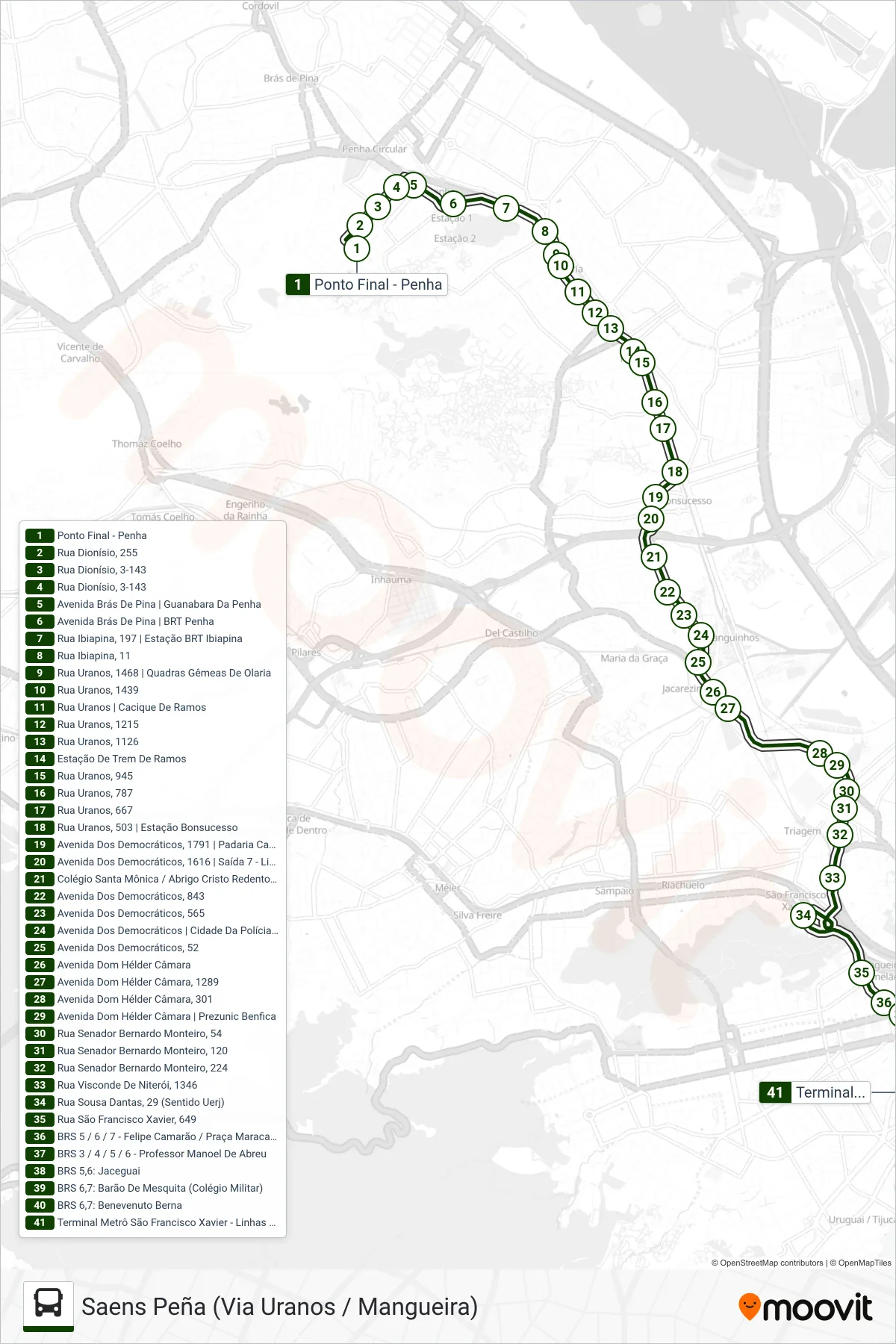 Rota e paradas da linha de ônibus 621 (Saens Peña (Via Uranos / Mangueira)) no mapa
