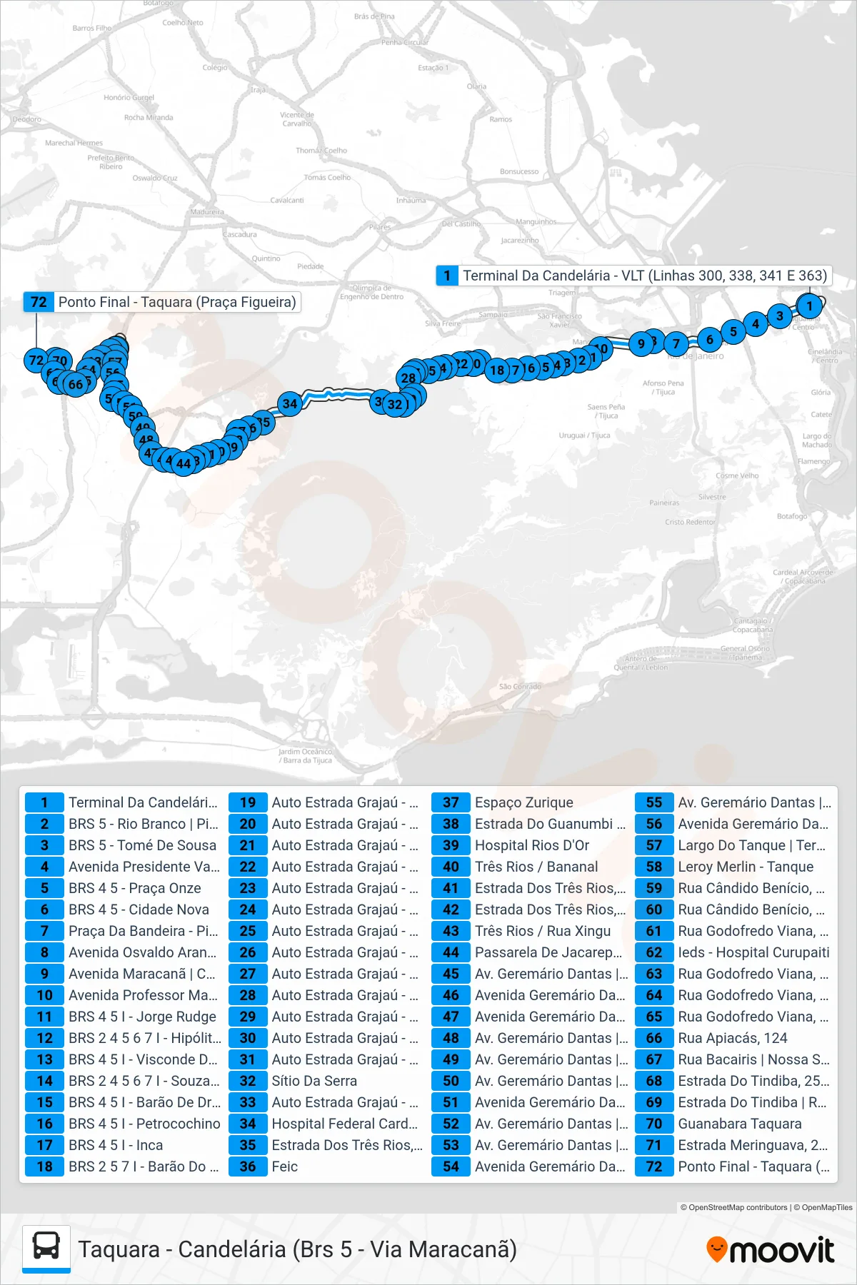 Rota e paradas da linha de ônibus 341 (Taquara) no mapa