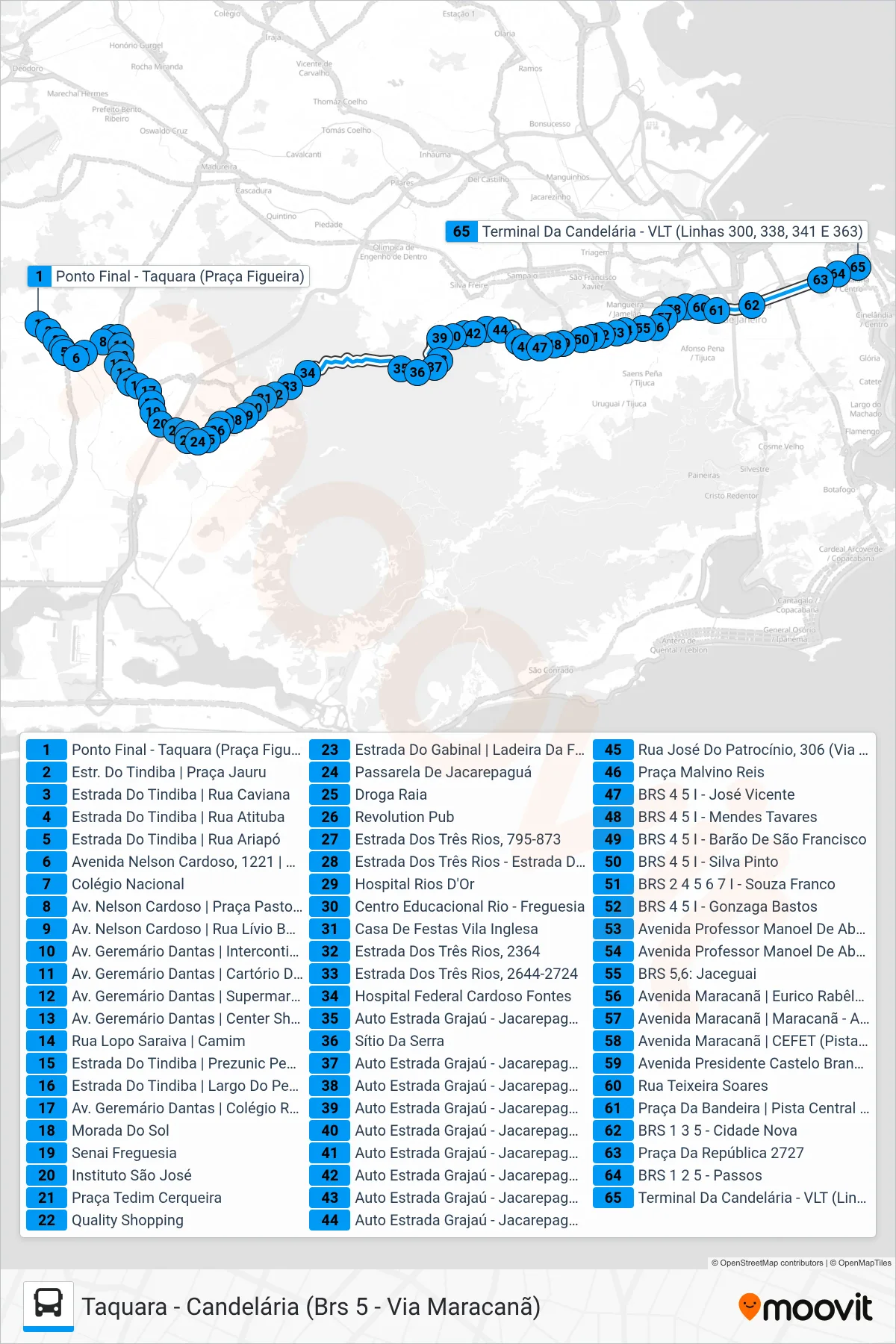 Rota e paradas da linha de ônibus 341 (Candelária) no mapa