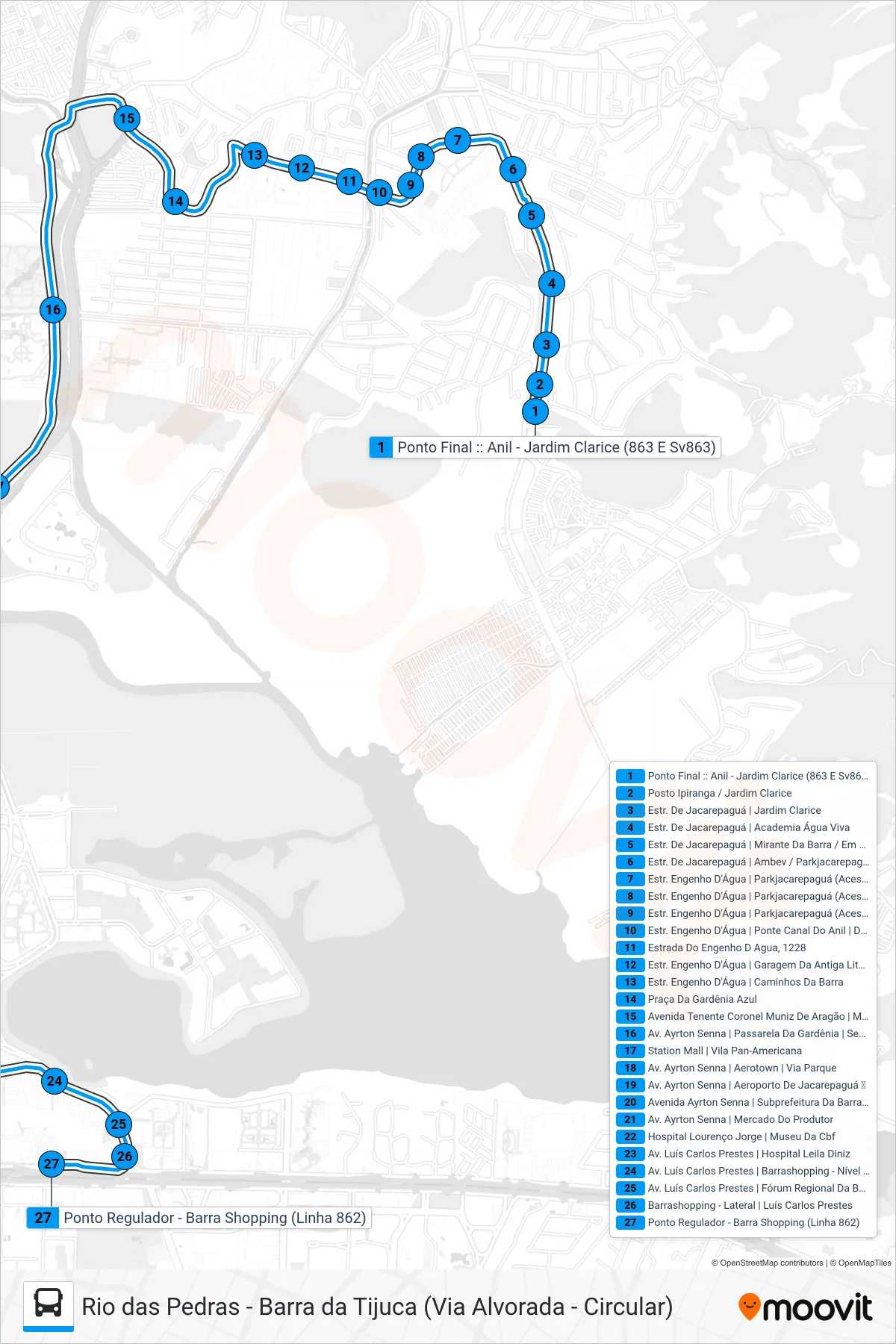 Rota e paradas da linha de ônibus 863 (Barrashopping) no mapa