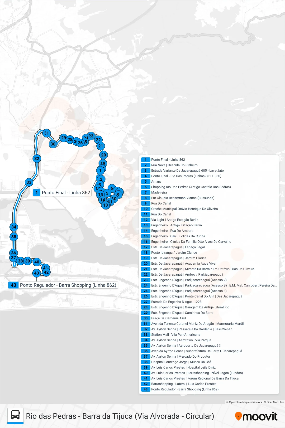 Rota e paradas da linha de ônibus 863 (Barrashopping (via Rua Nova / Via Light / Engenheiro)) no mapa