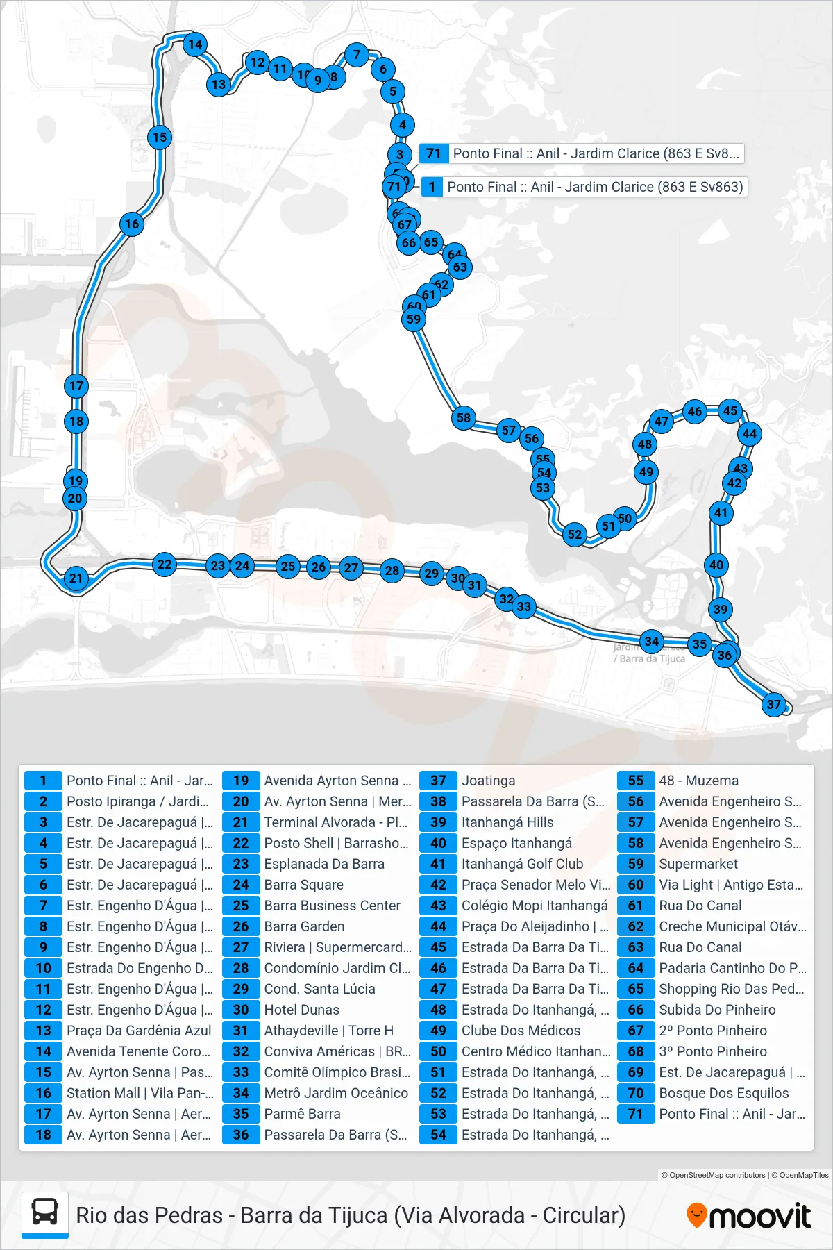 Rota e paradas da linha de ônibus 863 (Rio das Pedras ↔ Barra da Tijuca (via Alvorada)) no mapa