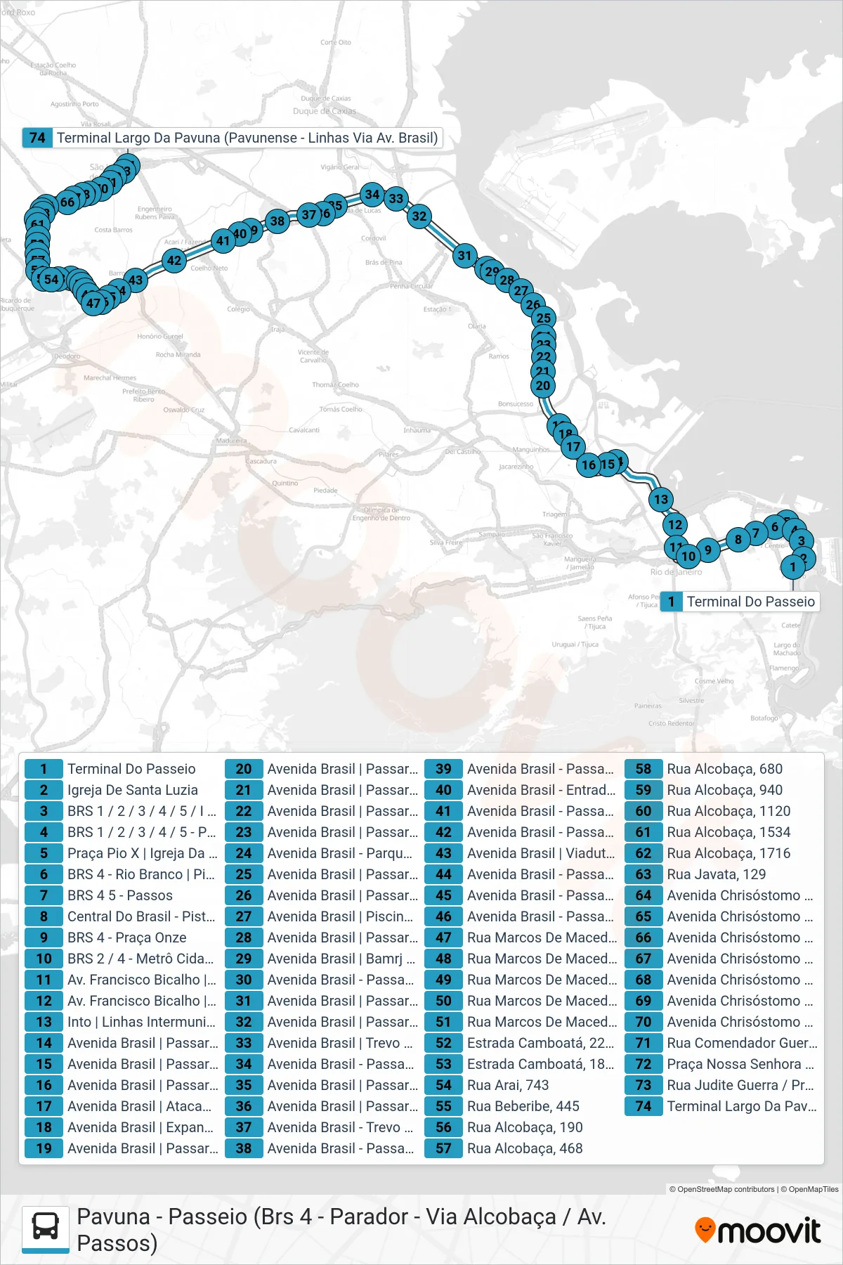Rota e paradas da linha de ônibus 399 (Pavuna (Feira Livre)) no mapa