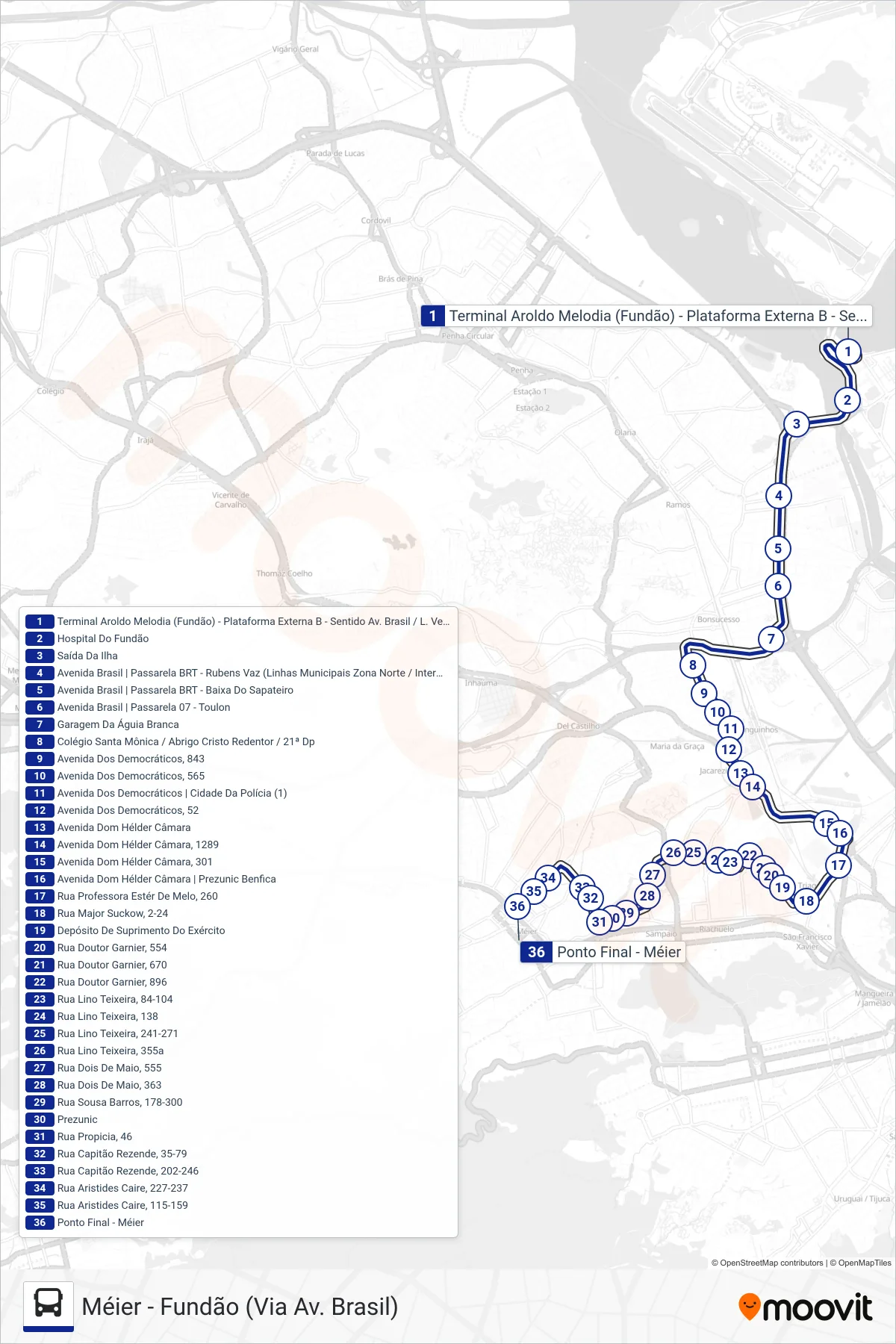 Rota e paradas da linha de ônibus 663 (Méier) no mapa