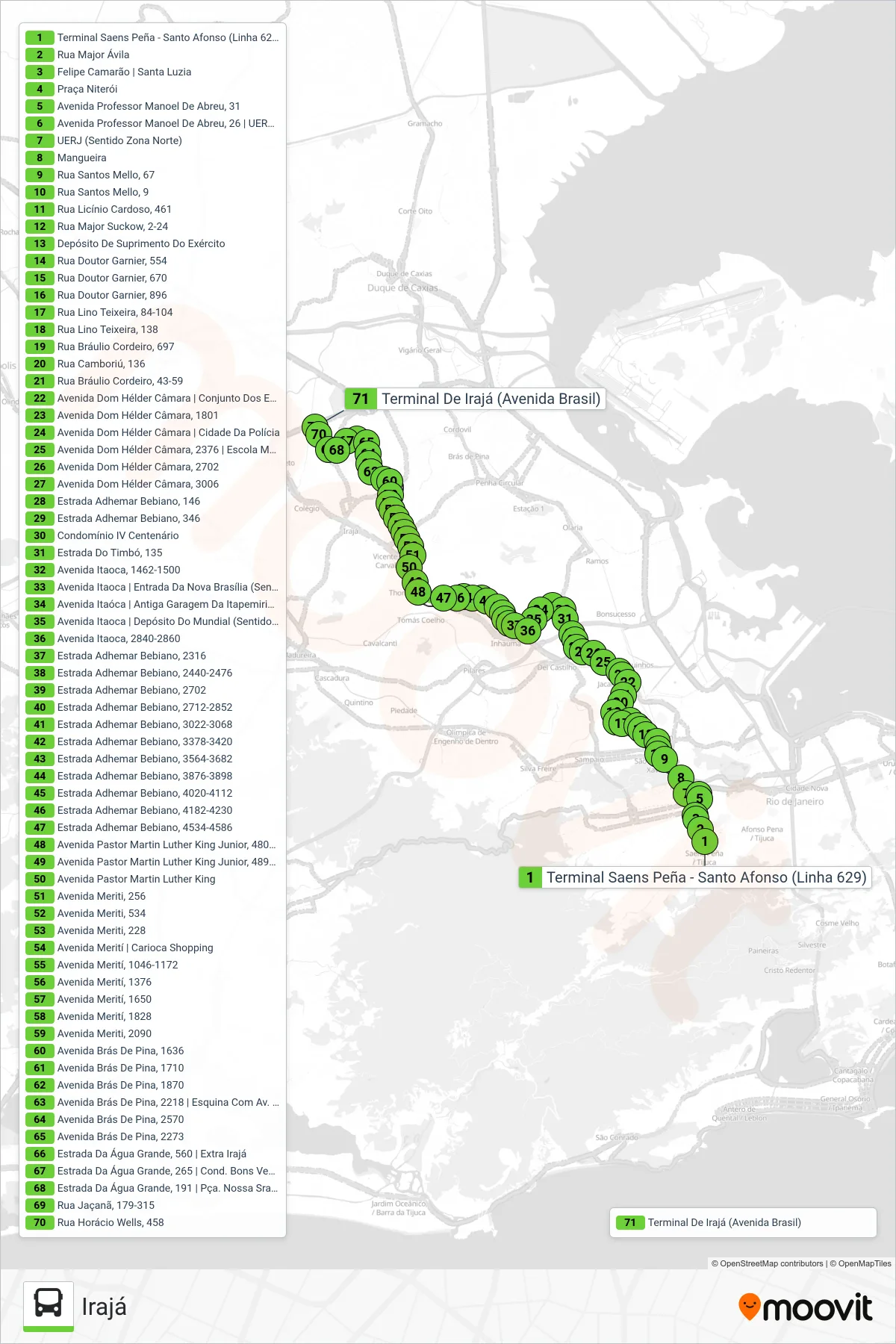 Rota e paradas da linha de ônibus 629 (Irajá) no mapa