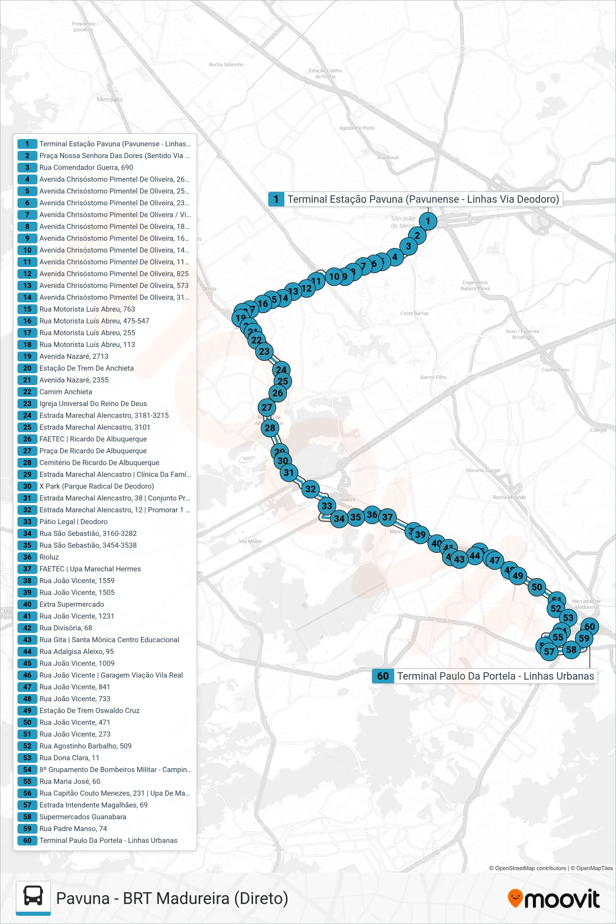 Rota e paradas da linha de ônibus 779 (Madureira - Terminal Paulo da Portela) no mapa