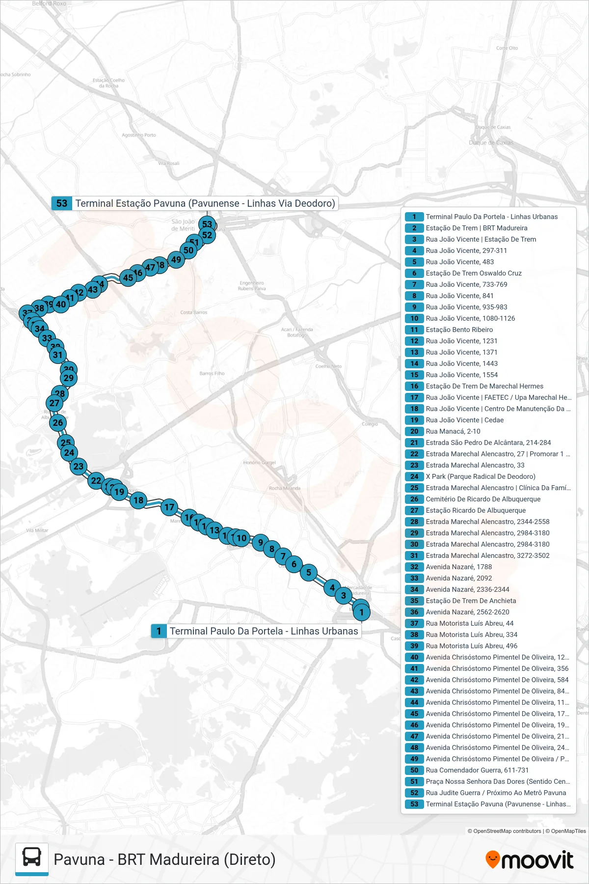 Rota e paradas da linha de ônibus 779 (Pavuna) no mapa