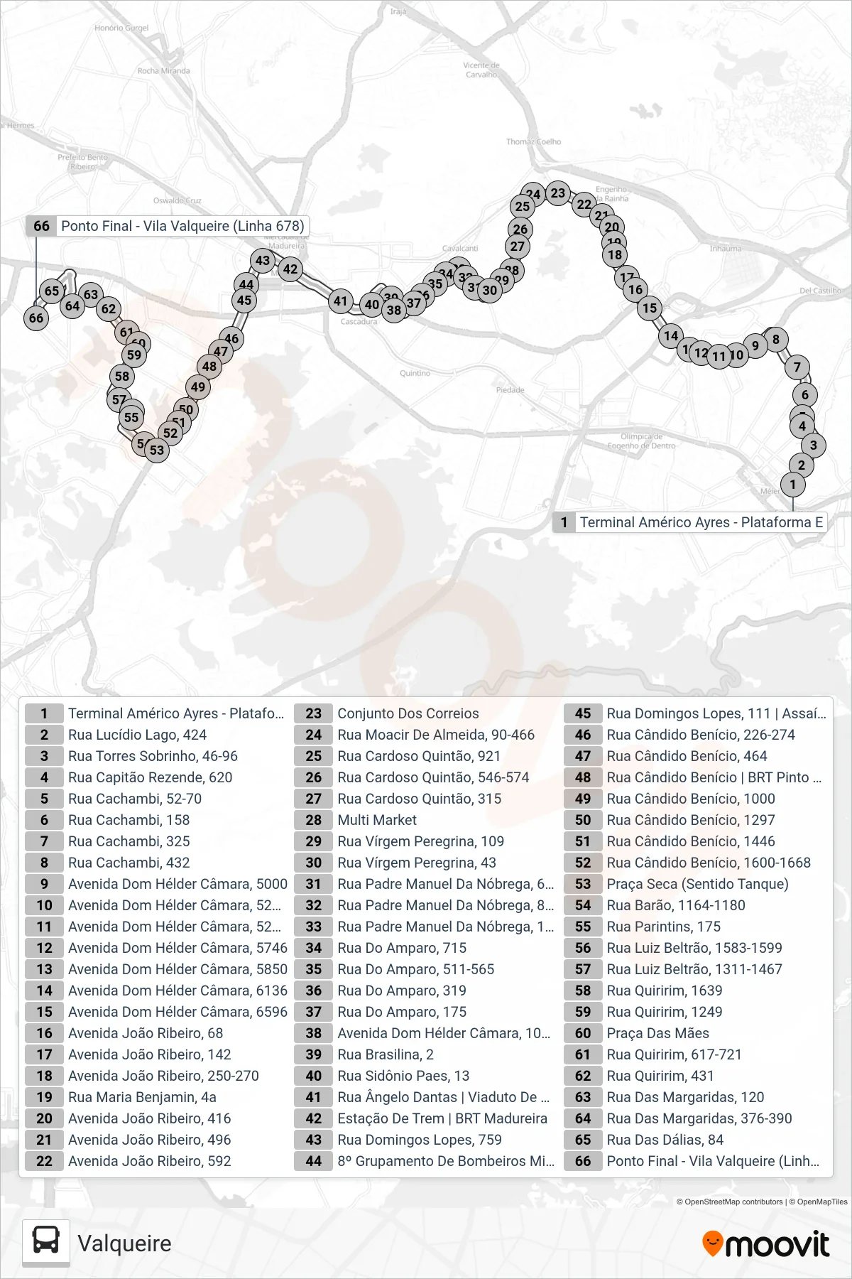 Rota e paradas da linha de ônibus 678 (Valqueire) no mapa