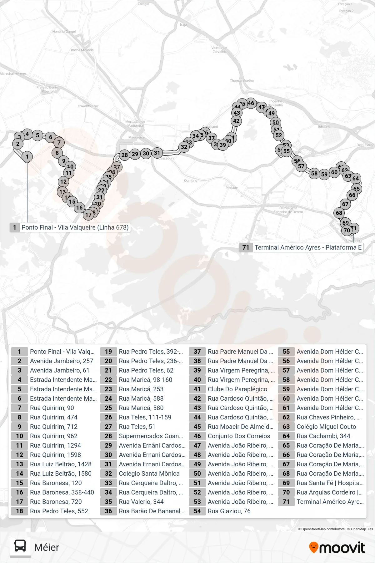 Rota e paradas da linha de ônibus 678 (Méier) no mapa