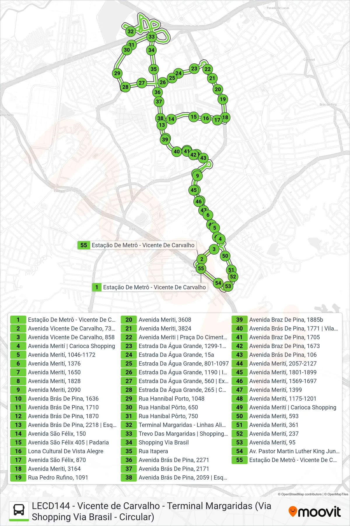 Rota e paradas da linha de ônibus 950 (Vicente De Carvalho ↔ Vista Alegre) no mapa