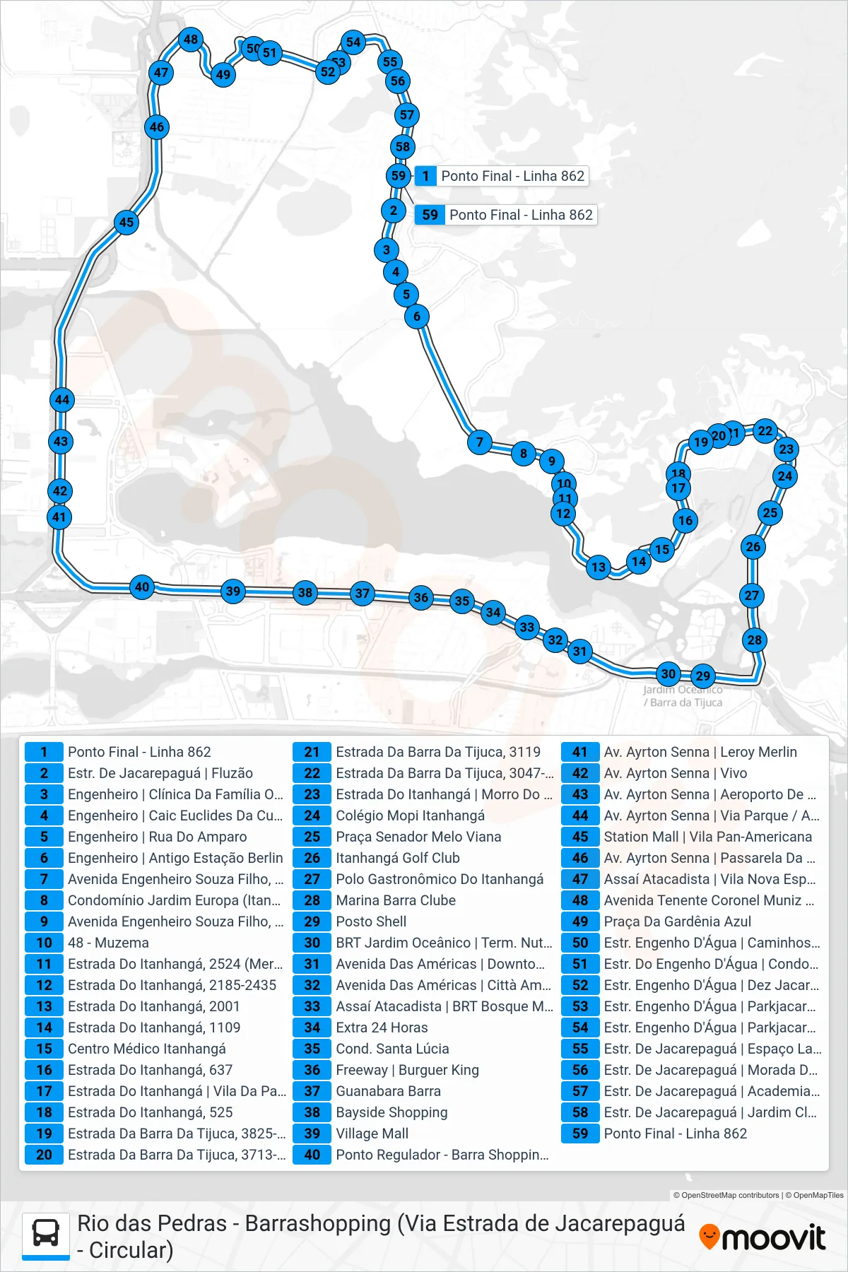 Rota e paradas da linha de ônibus 862 (Rio Das Pedras ↔ Barrashopping (Via Engenheiro)) no mapa