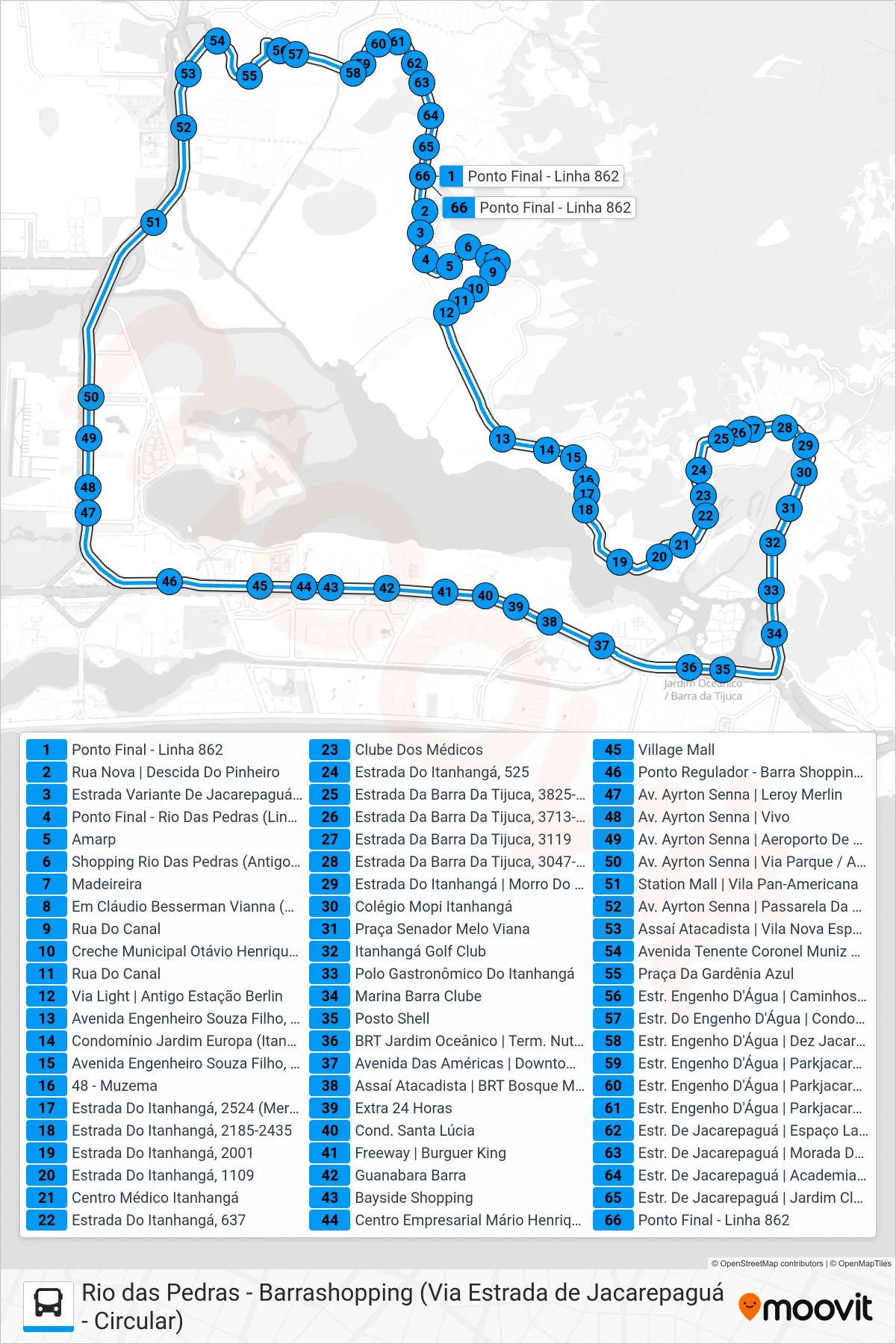 862 bus Line (Rio Das Pedras ↔ Barrashopping (Circular)) route and stops on a map
