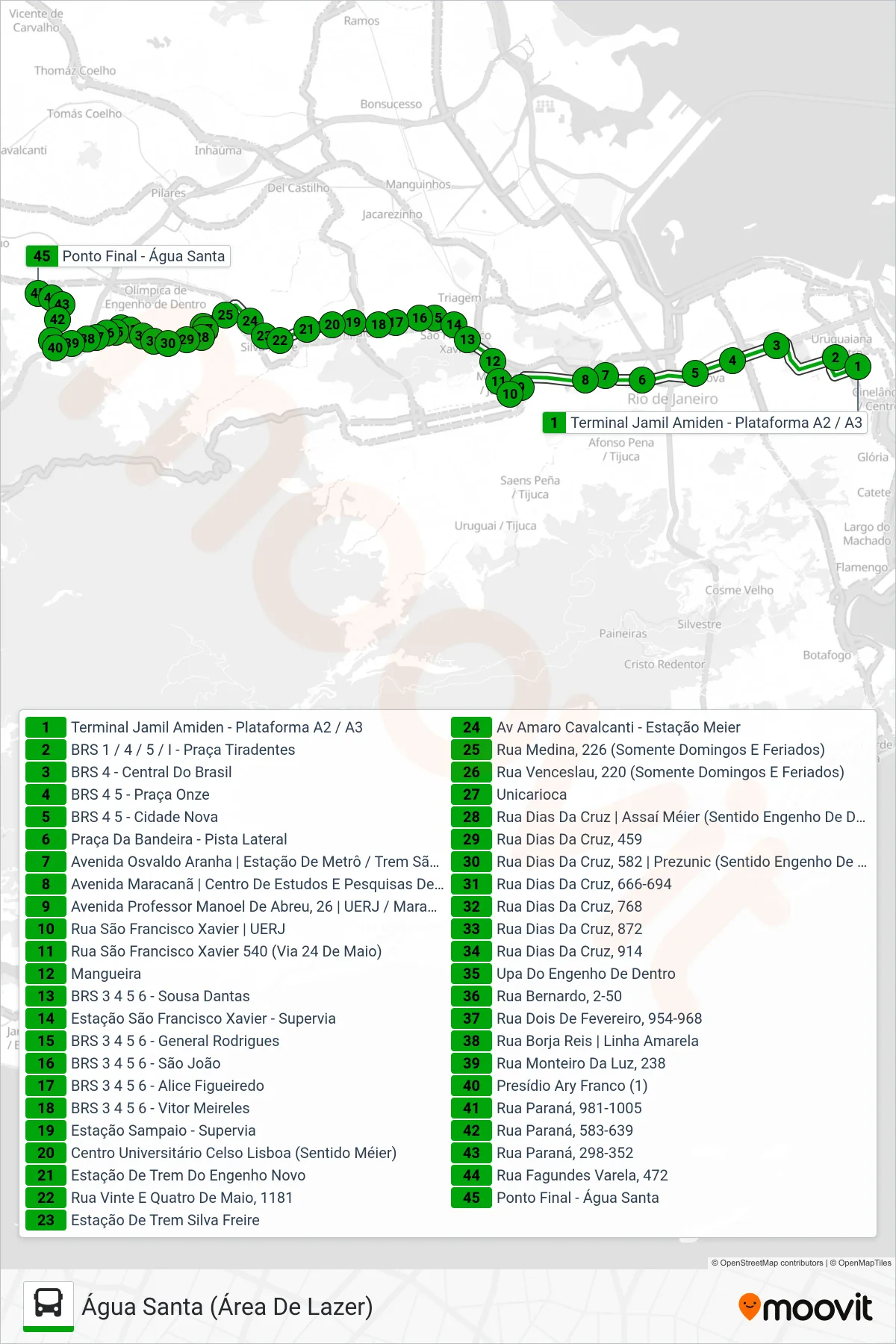 Rota e paradas da linha de ônibus 249 (Água Santa (Área De Lazer)) no mapa