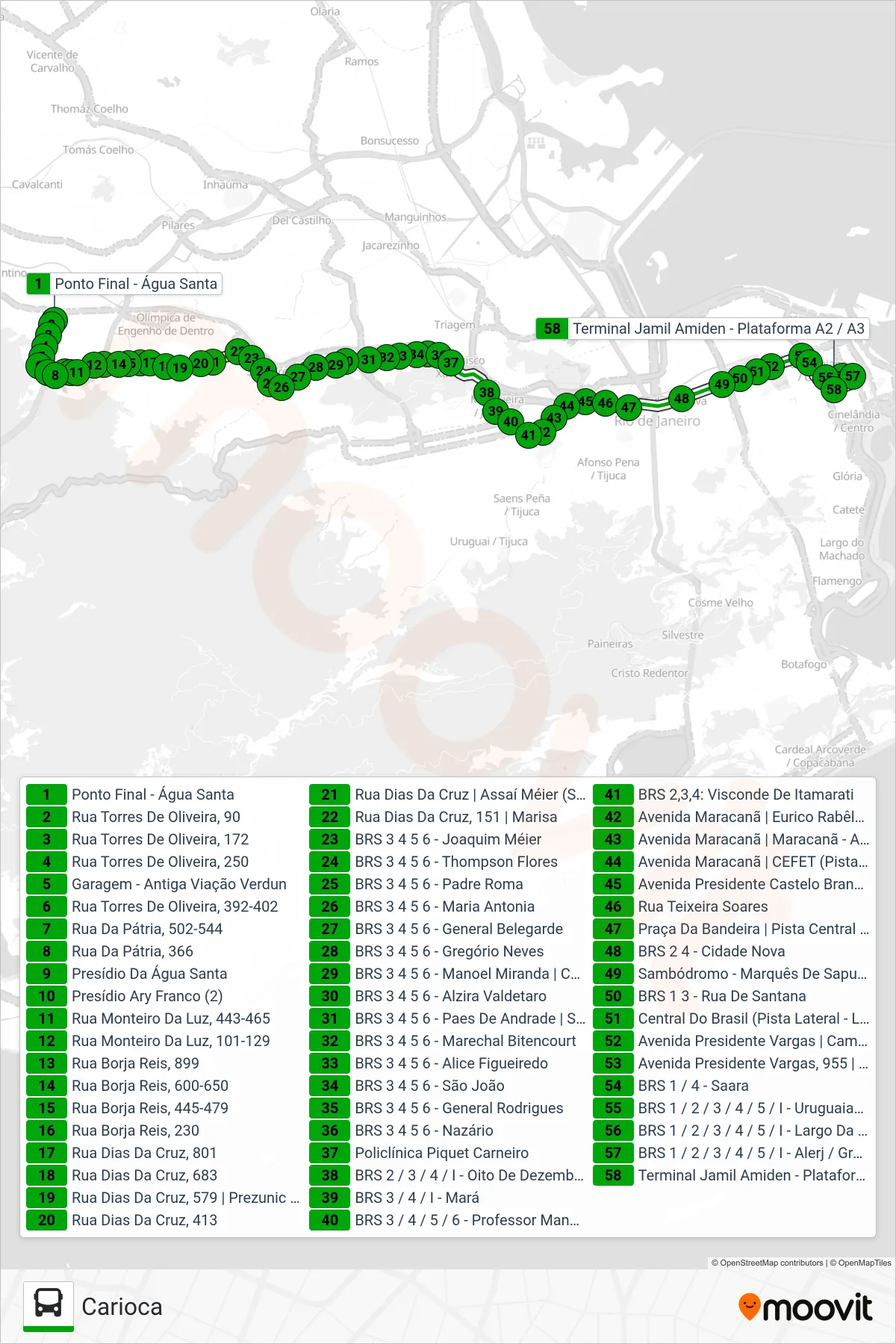 Rota e paradas da linha de ônibus 249 (Carioca) no mapa