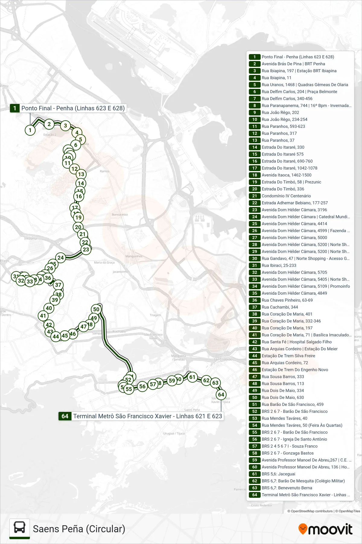 Rota e paradas da linha de ônibus 623 (Saens Peña (Circular)) no mapa
