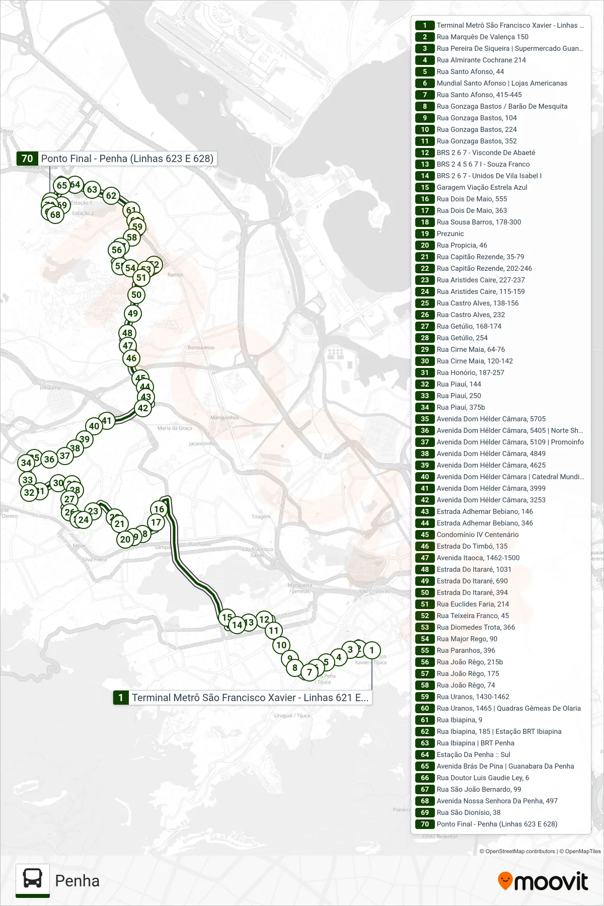 Rota e paradas da linha de ônibus 623 (Penha) no mapa