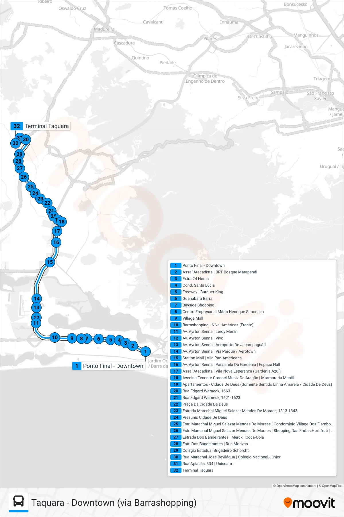 Rota e paradas da linha de ônibus 900 (Taquara) no mapa
