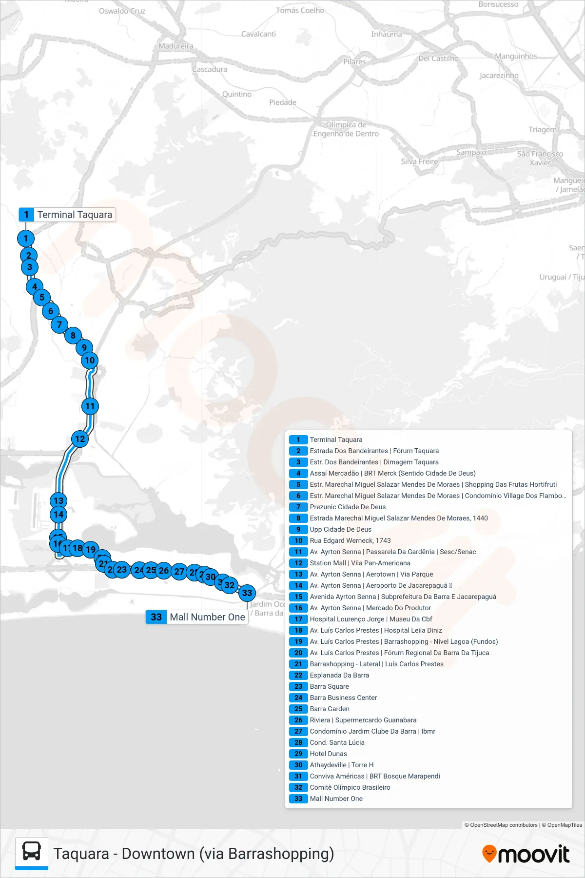 Rota e paradas da linha de ônibus 900 (Downtown) no mapa