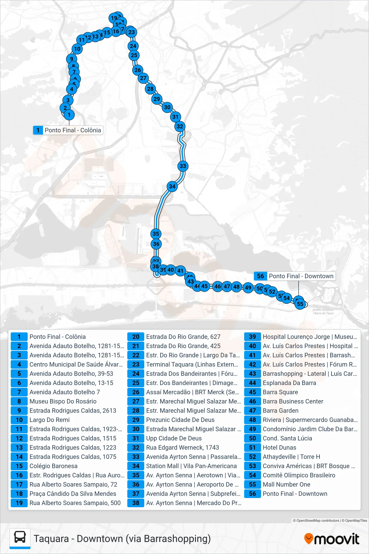 Rota e paradas da linha de ônibus 900 (Colônia → Downtown) no mapa