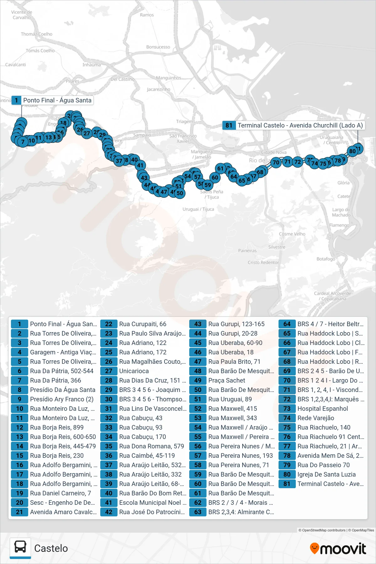 Rota e paradas da linha de ônibus 238 (Castelo) no mapa