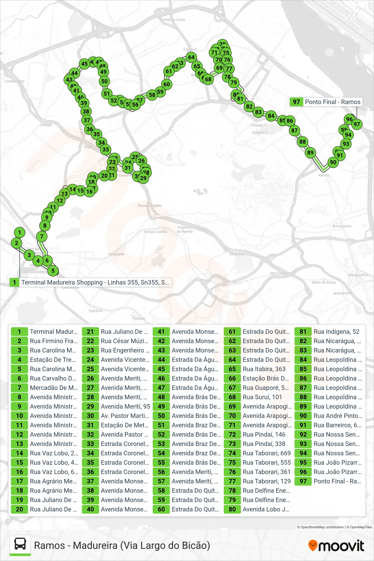 Rota e paradas da linha de ônibus 940 (Ramos) no mapa