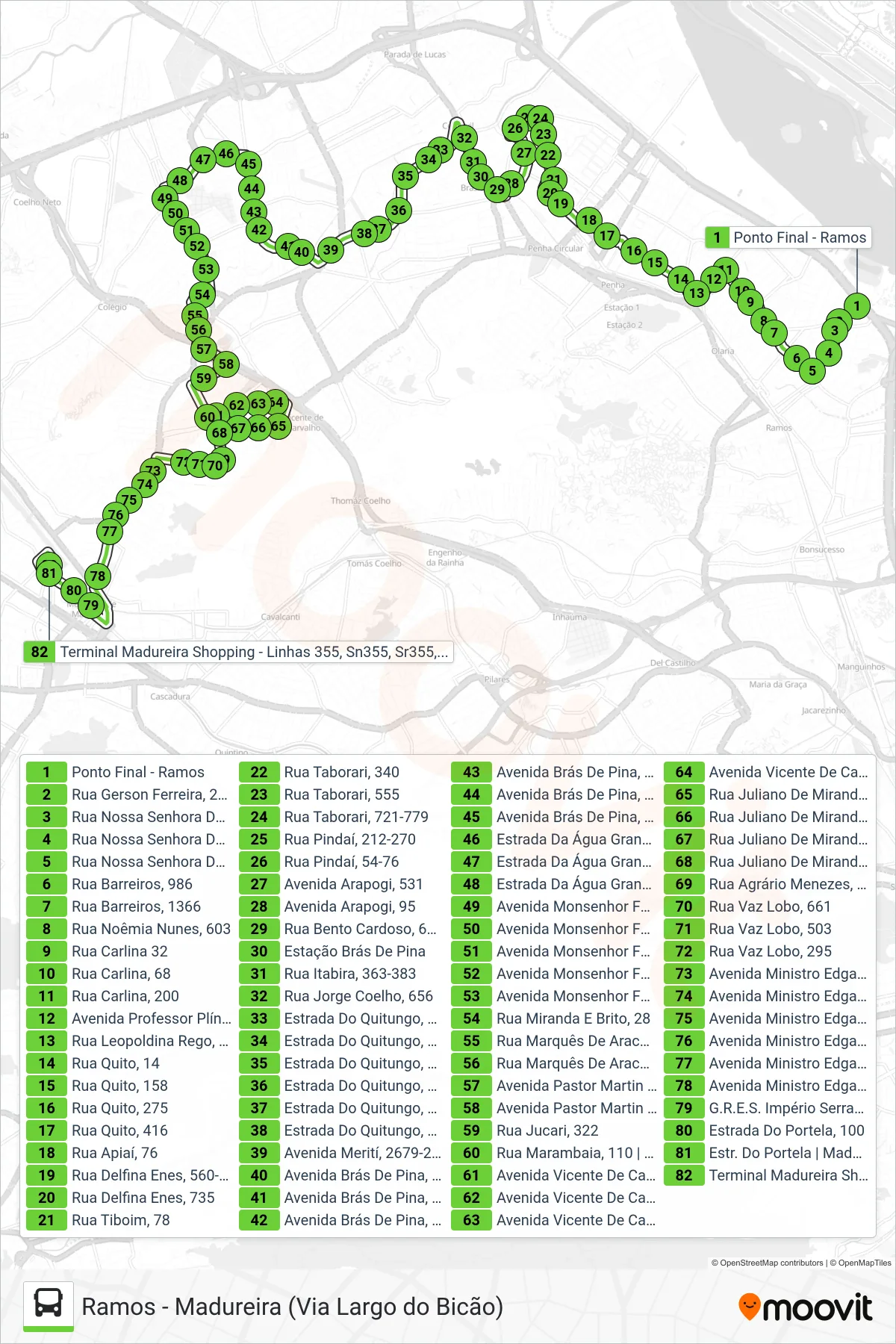 Rota e paradas da linha de ônibus  940  (Madureira) no mapa