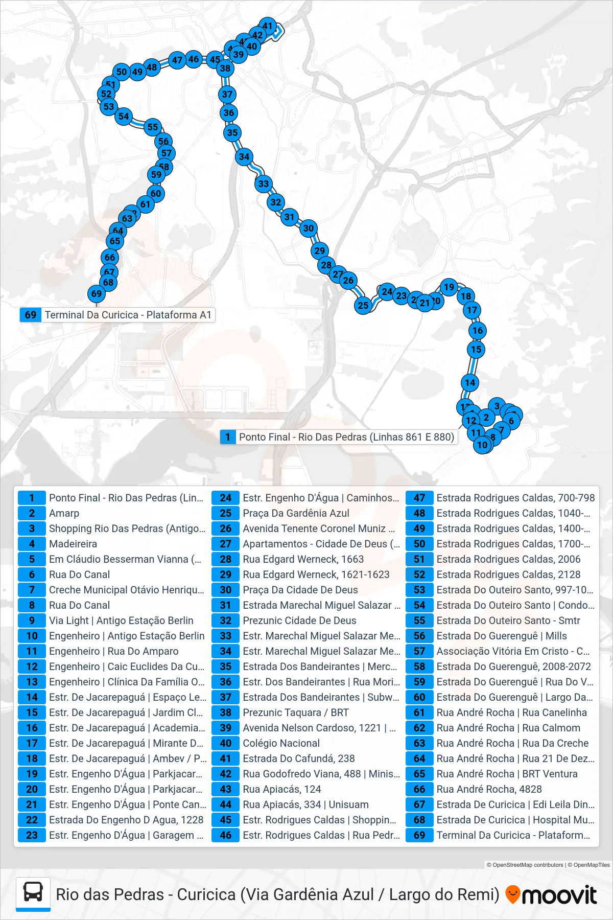 Rota e paradas da linha de ônibus 861 (Curicica) no mapa