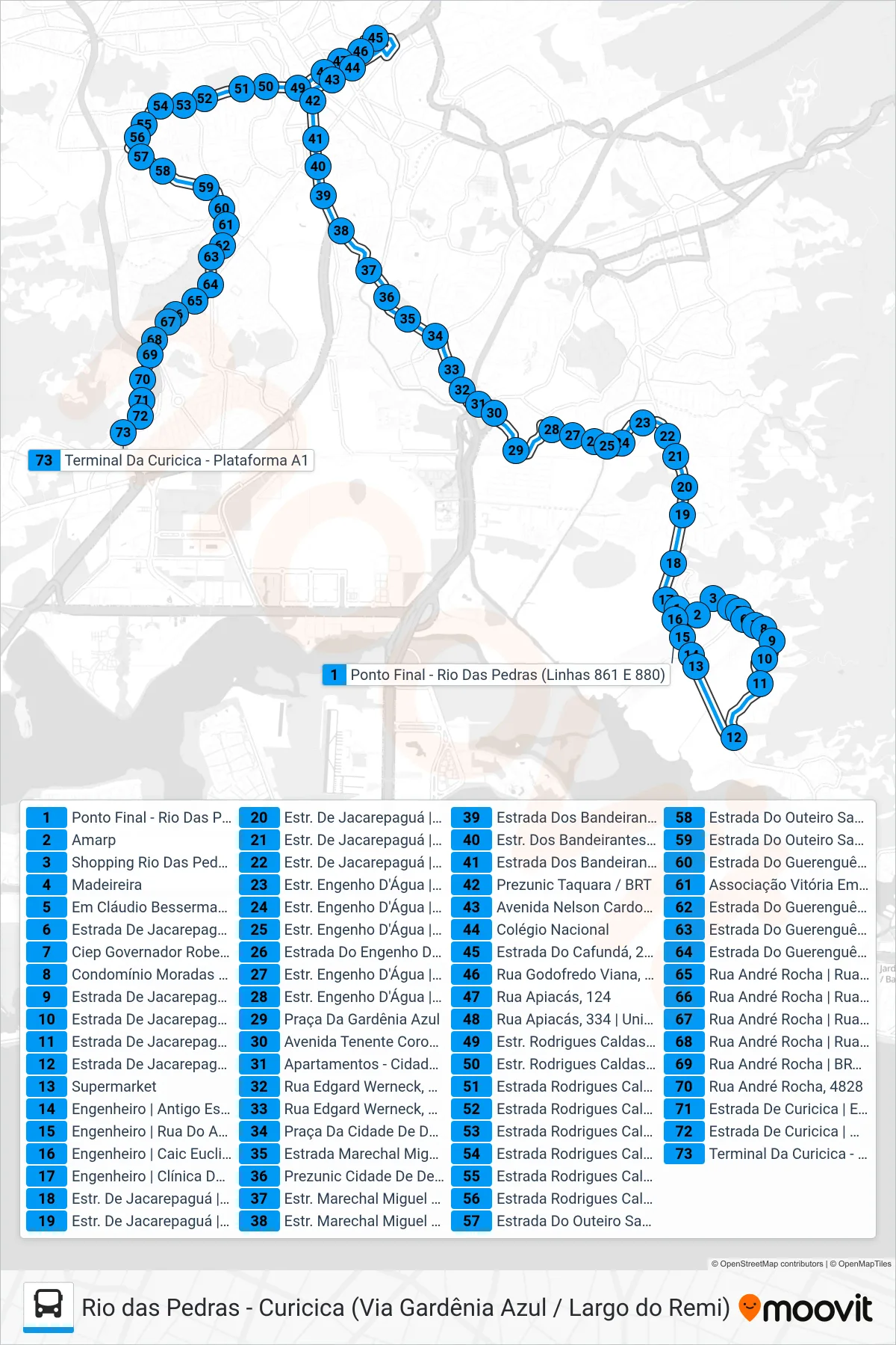 Rota e paradas da linha de ônibus 861 (Curicica (Via Floresta)) no mapa