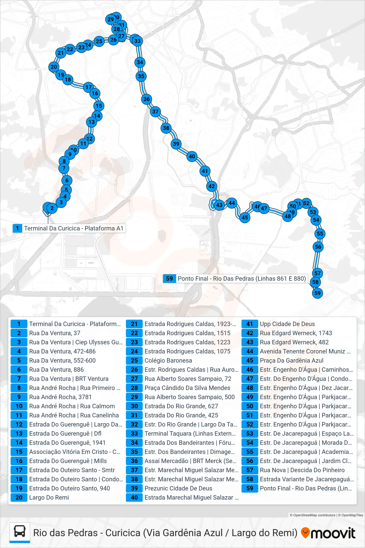 Rota e paradas da linha de ônibus 861 (Rio Das Pedras) no mapa