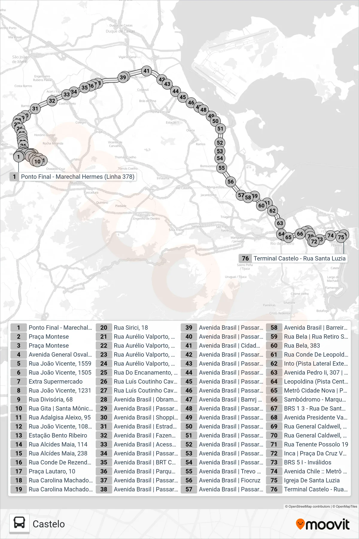 Rota e paradas da linha de ônibus 378 (Castelo) no mapa