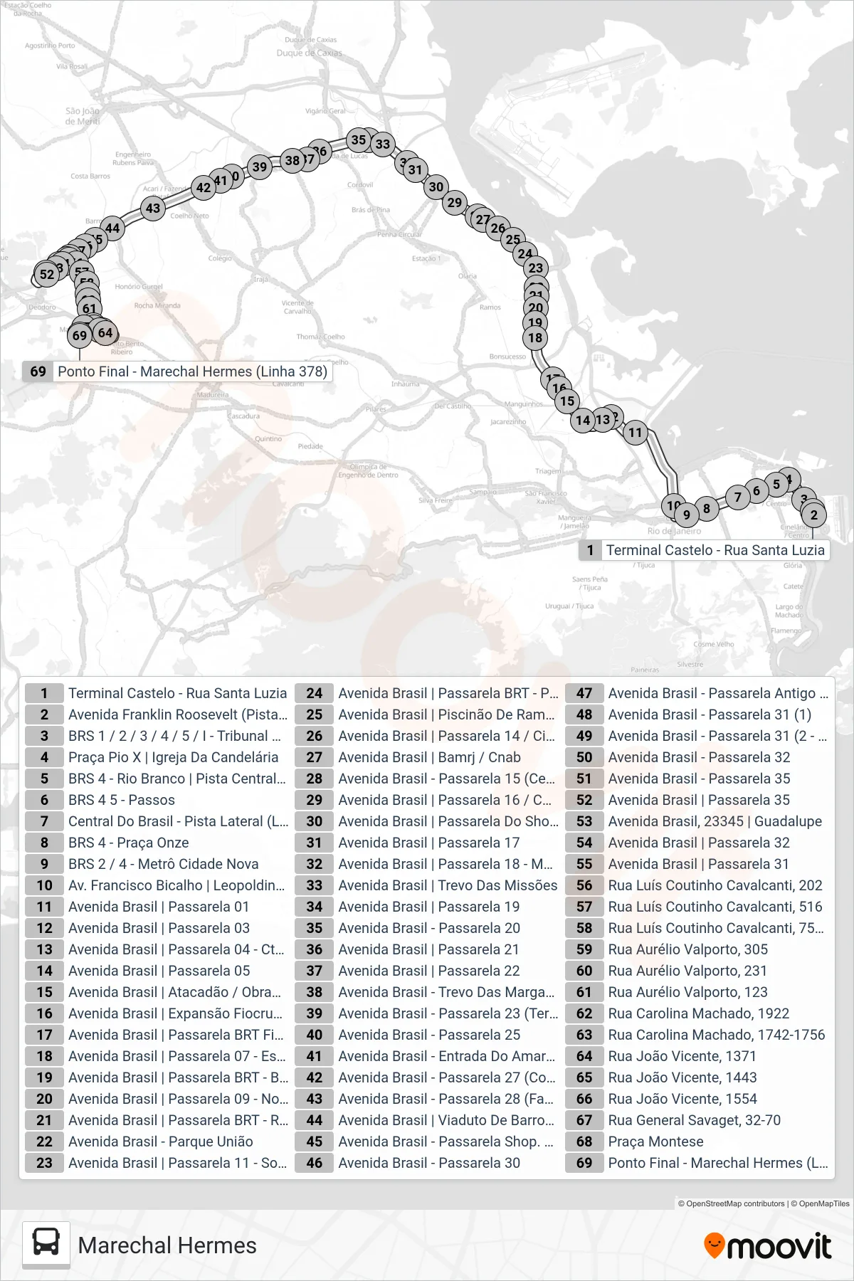 Rota e paradas da linha de ônibus 378 (Marechal Hermes) no mapa