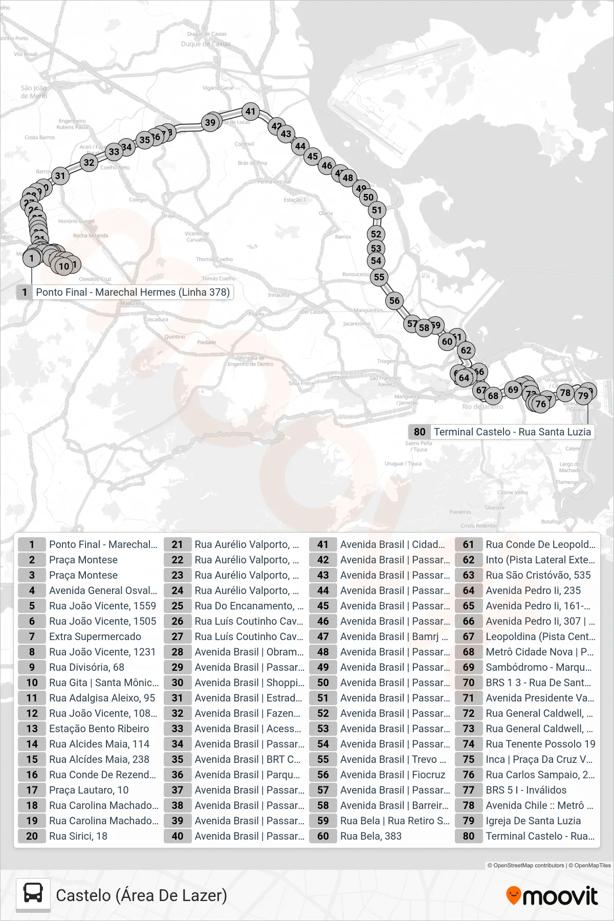 Rota e paradas da linha de ônibus 378 (Castelo (Área De Lazer)) no mapa