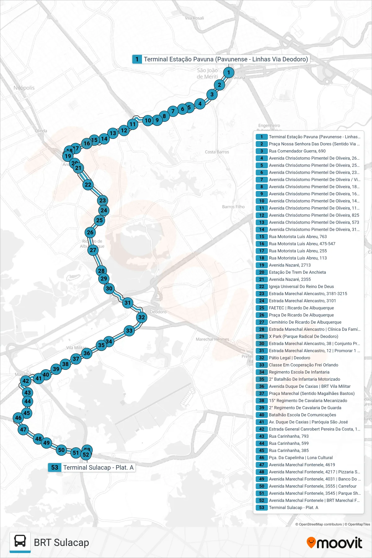 Rota e paradas da linha de ônibus 793 (BRT Sulacap) no mapa