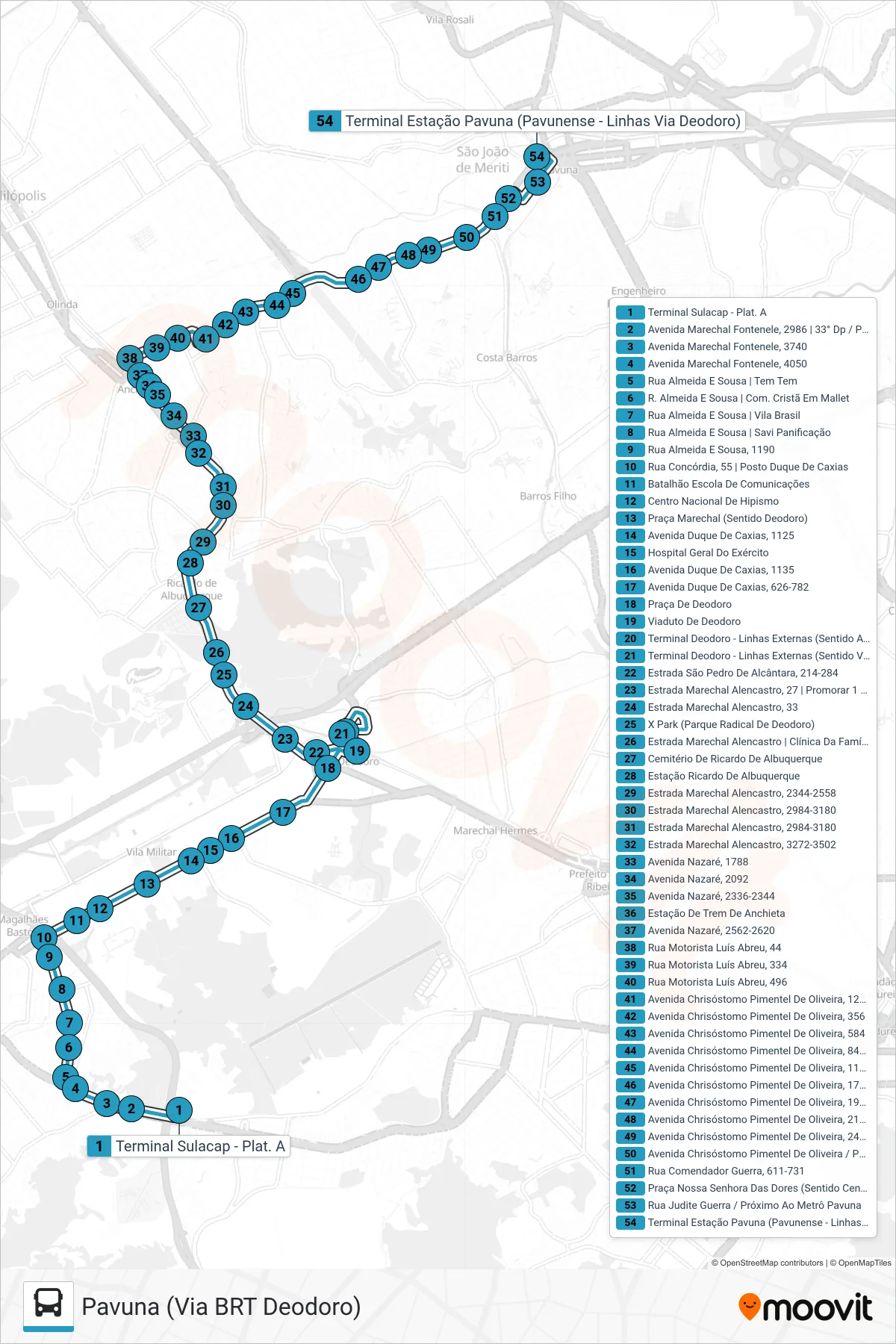 Rota e paradas da linha de ônibus 793 (Pavuna (Via BRT Deodoro)) no mapa
