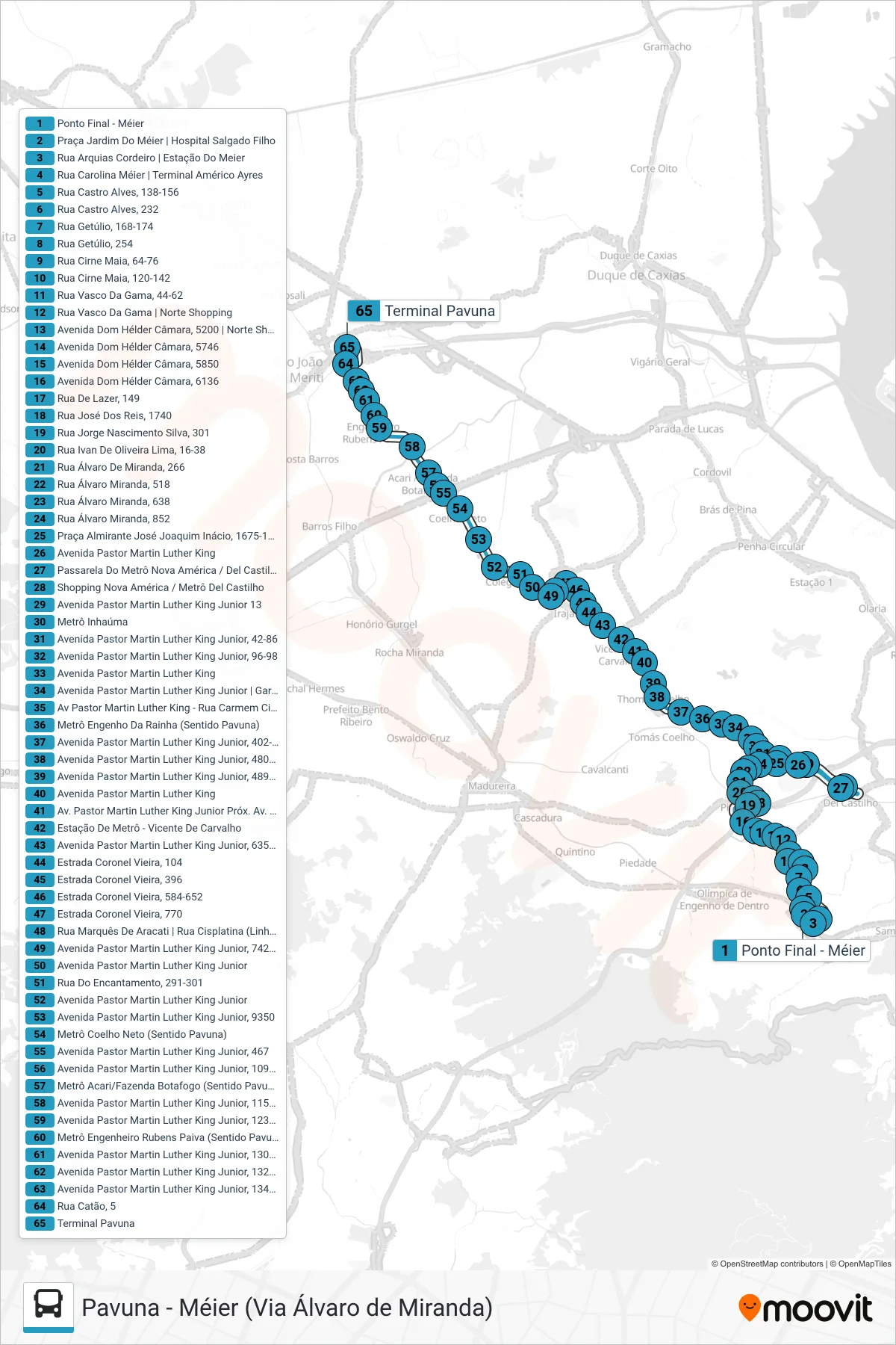 Rota e paradas da linha de ônibus 688 (Pavuna) no mapa