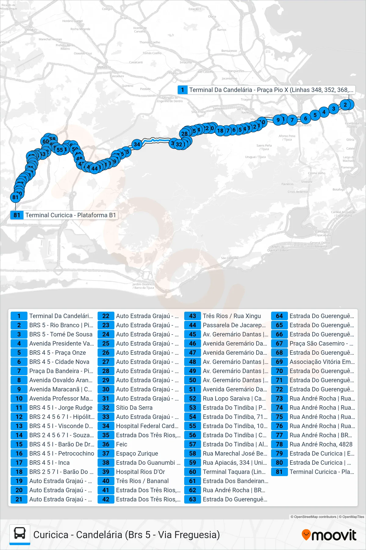 Rota e paradas da linha de ônibus 390 (Curicica) no mapa