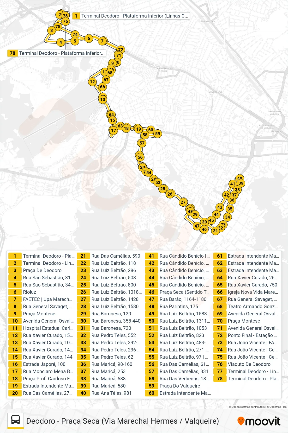 Rota e paradas da linha de ônibus 783 (Deodoro ↔ Praça Seca (Circular)) no mapa