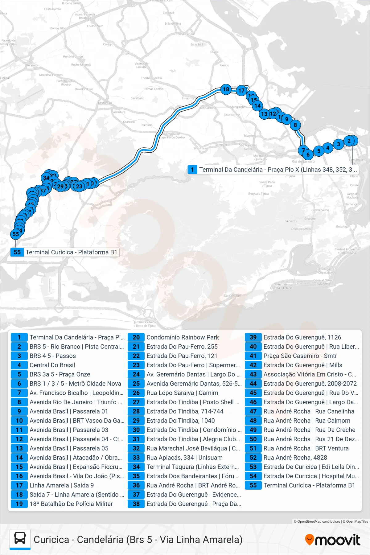 Rota e paradas da linha de ônibus 380 (Curicica) no mapa