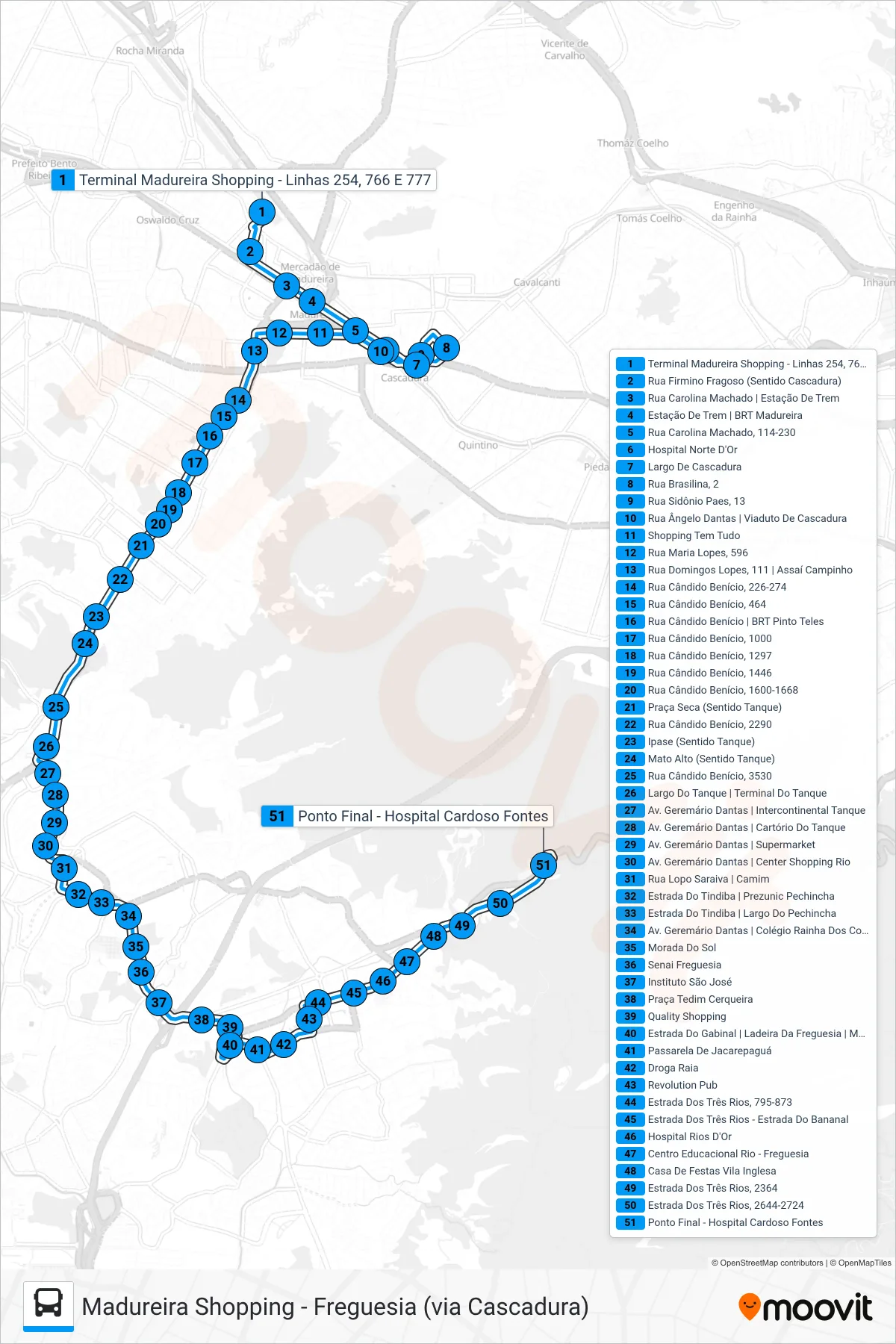 Rota e paradas da linha de ônibus 766 (Freguesia) no mapa