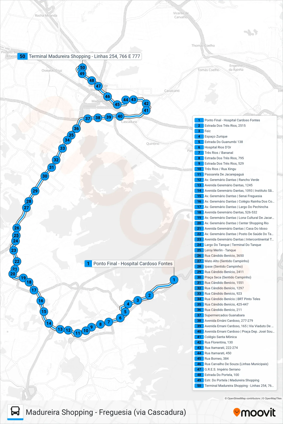 Rota e paradas da linha de ônibus 766 (Madureira Shopping) no mapa