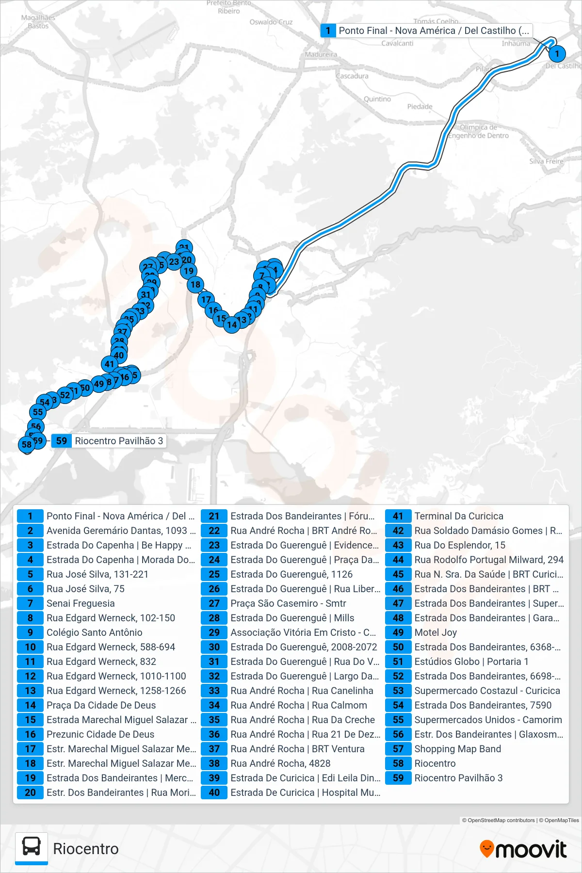 Rota e paradas da linha de ônibus 611 (Riocentro) no mapa