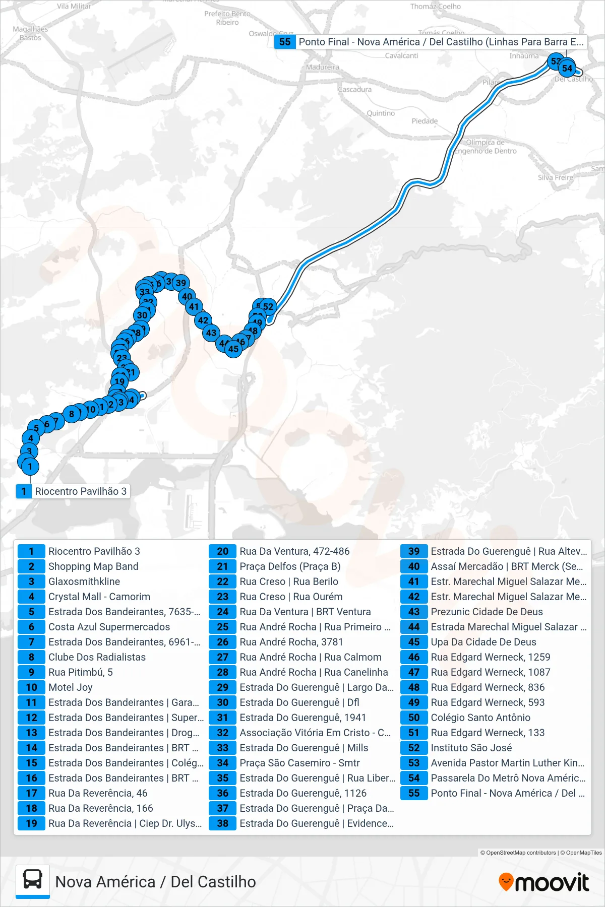 Rota e paradas da linha de ônibus 611 (Nova América / Del Castilho) no mapa