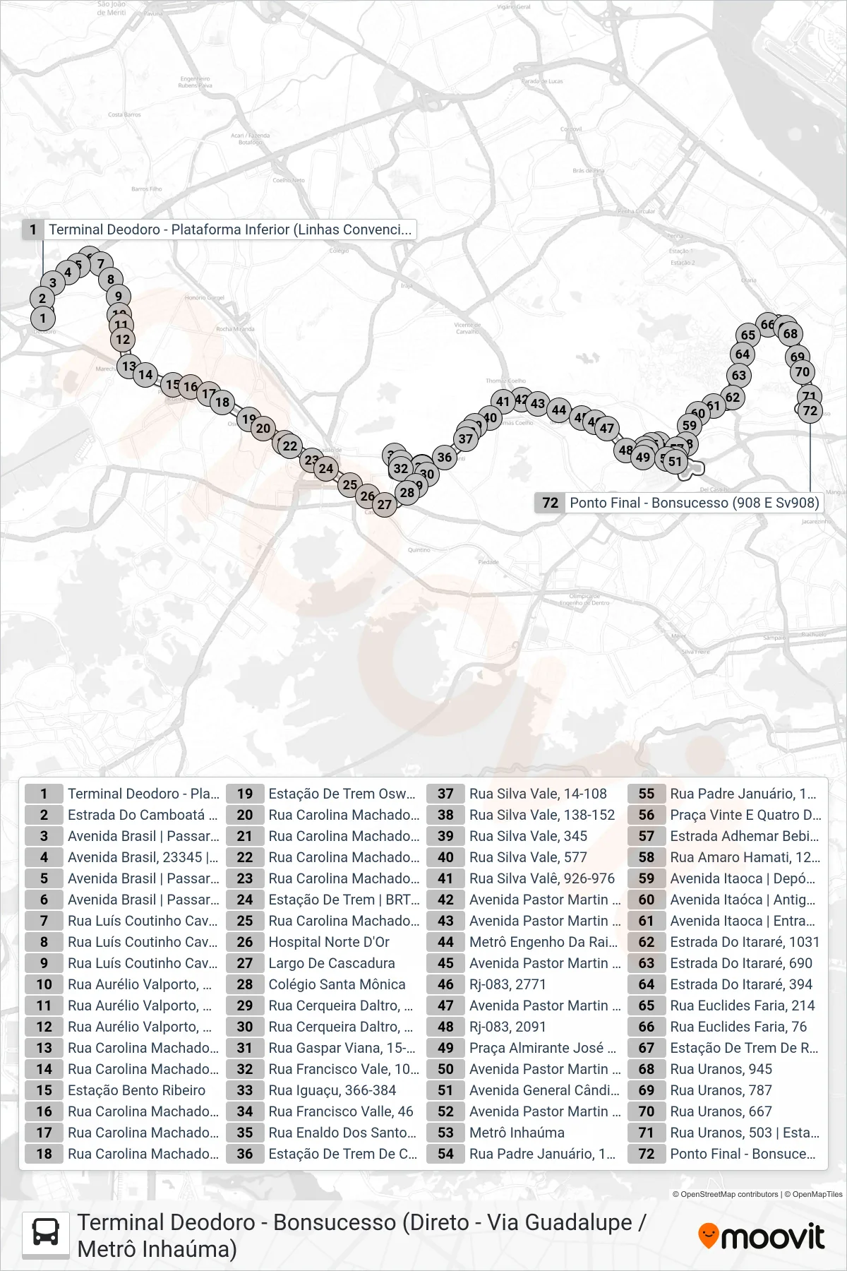 Rota e paradas da linha de ônibus 908 (Bonsucesso) no mapa