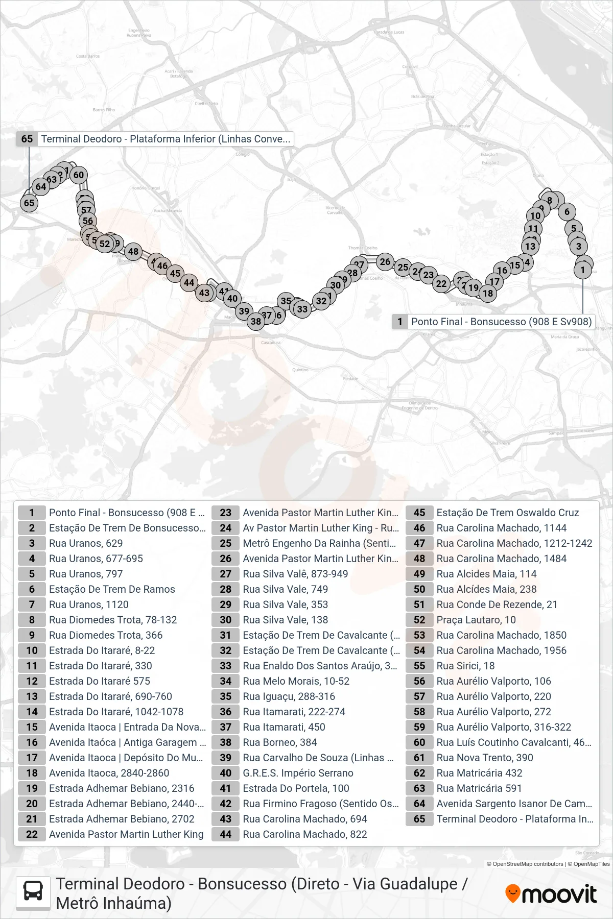 Rota e paradas da linha de ônibus  908  (Terminal Deodoro (Desvio - Feira Livre)) no mapa