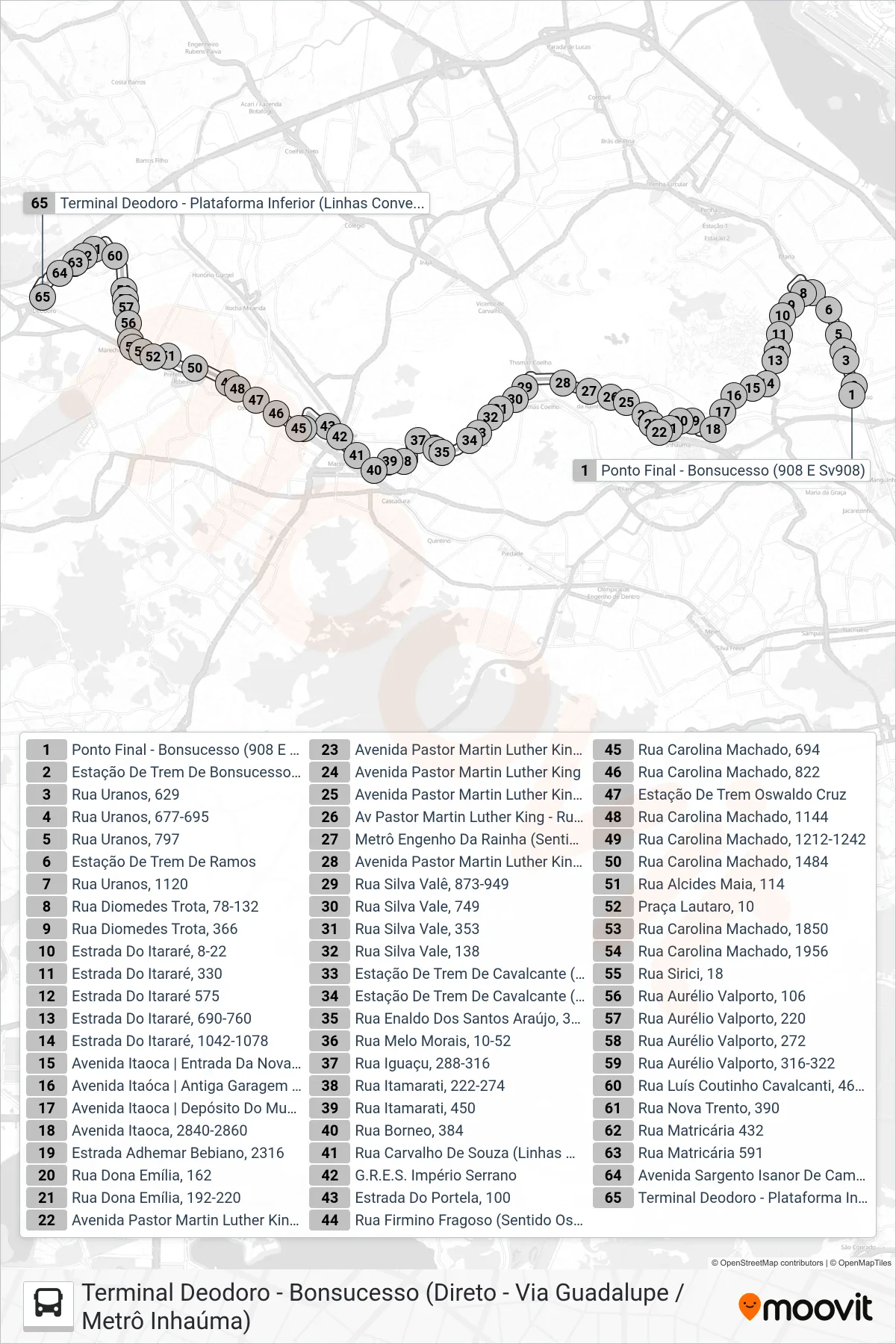 Rota e paradas da linha de ônibus 908 (Terminal Deodoro) no mapa