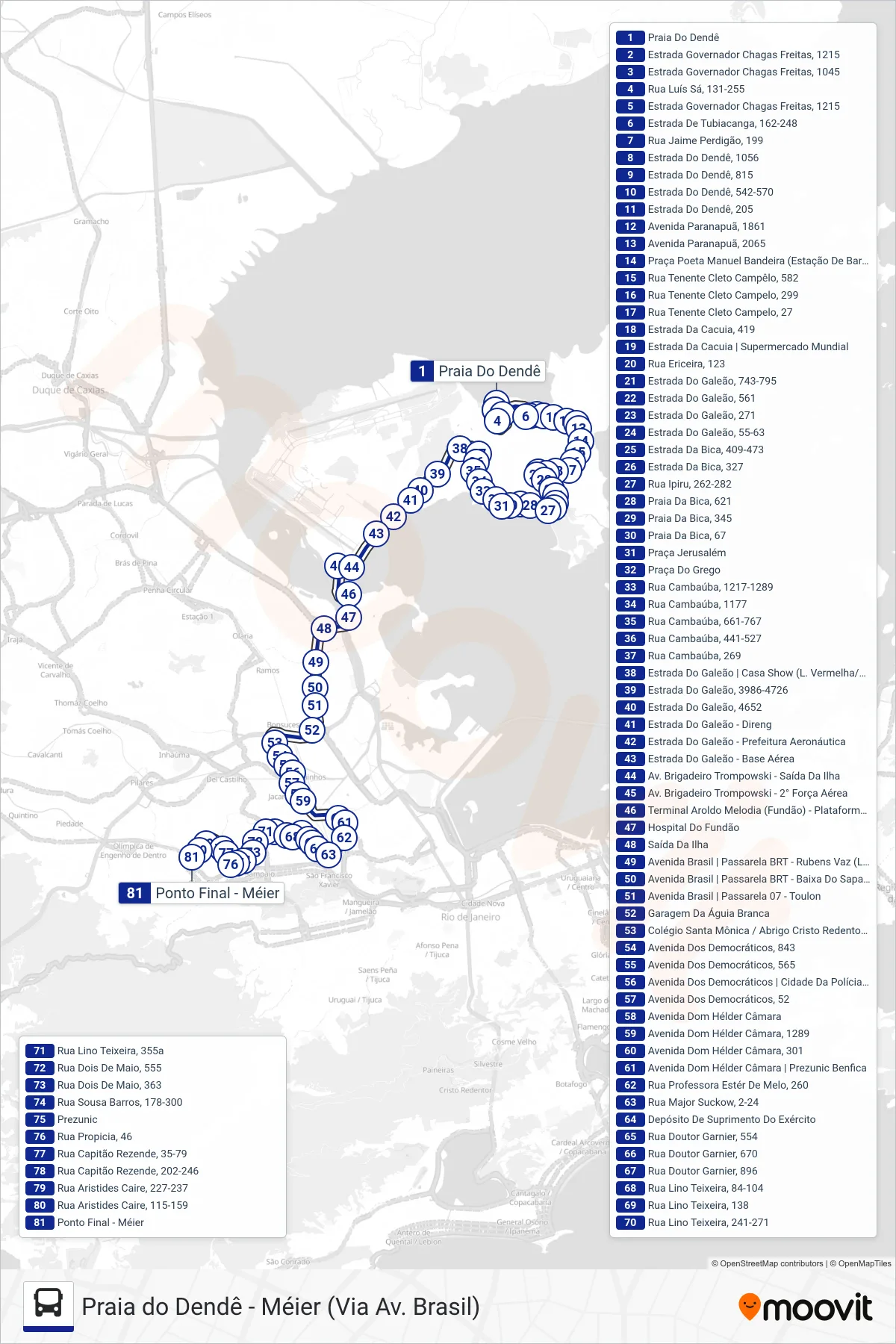 Rota e paradas da linha de ônibus 696 (Méier) no mapa