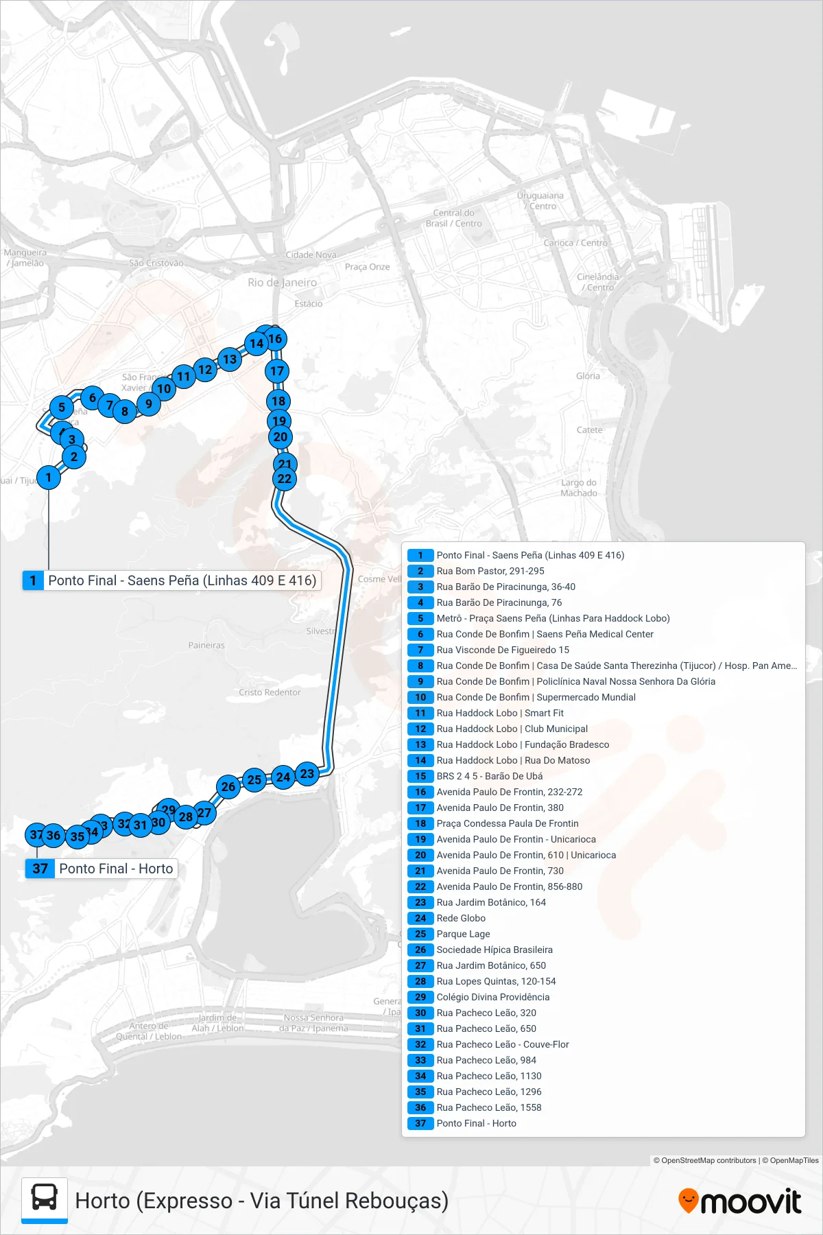 Rota e paradas da linha de ônibus 416 (Horto (Expresso - Via Túnel Rebouças)) no mapa