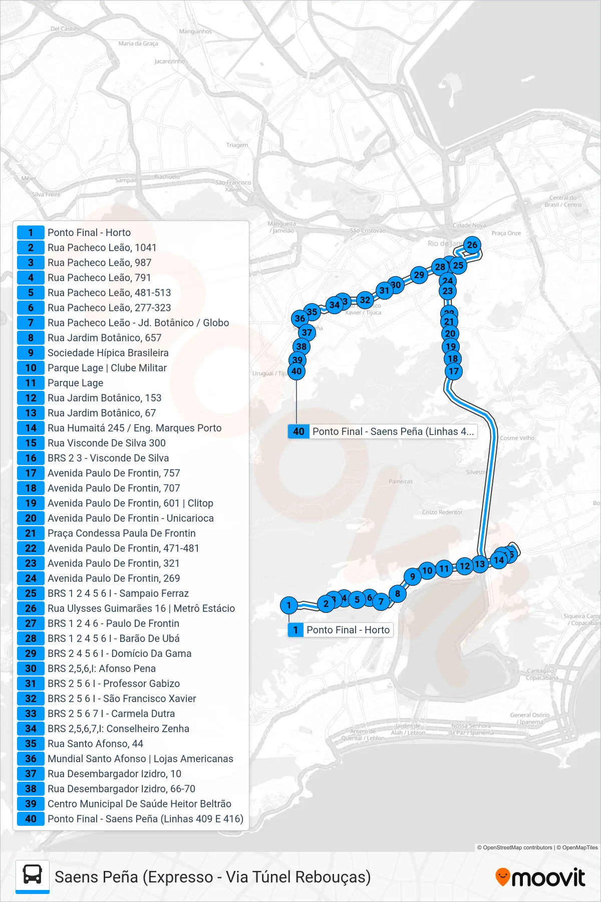 Rota e paradas da linha de ônibus 416 (Saens Peña (Expresso - Via Túnel Rebouças)) no mapa